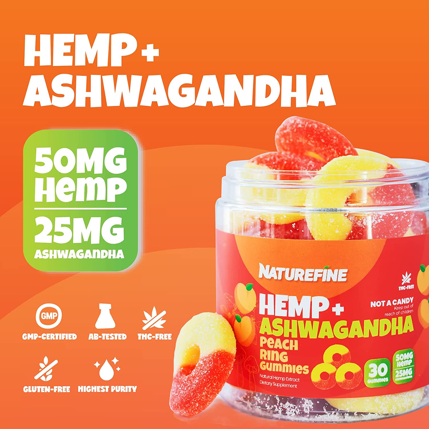 Hemp Gummies Ashwagandha Gummies, 30 X-Large Peach Rings