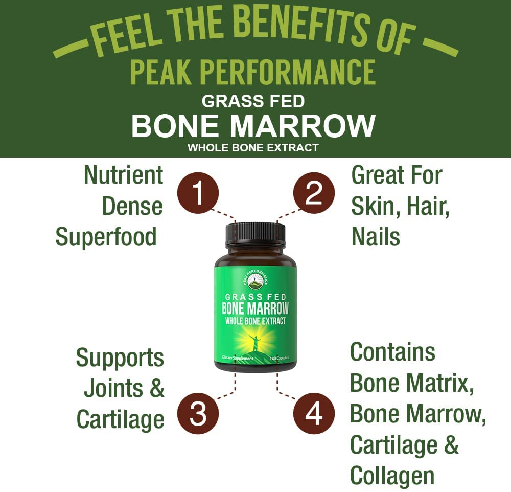 Grass Fed Bone Marrow - Whole Bone Extract Supplement 180 Capsules by Peak Performance. Superfood Pills Rich in Collagen, Vitamins, Amino Acids. from Bone Matrix, Marrow, Cartilage. Ancestral Tablets