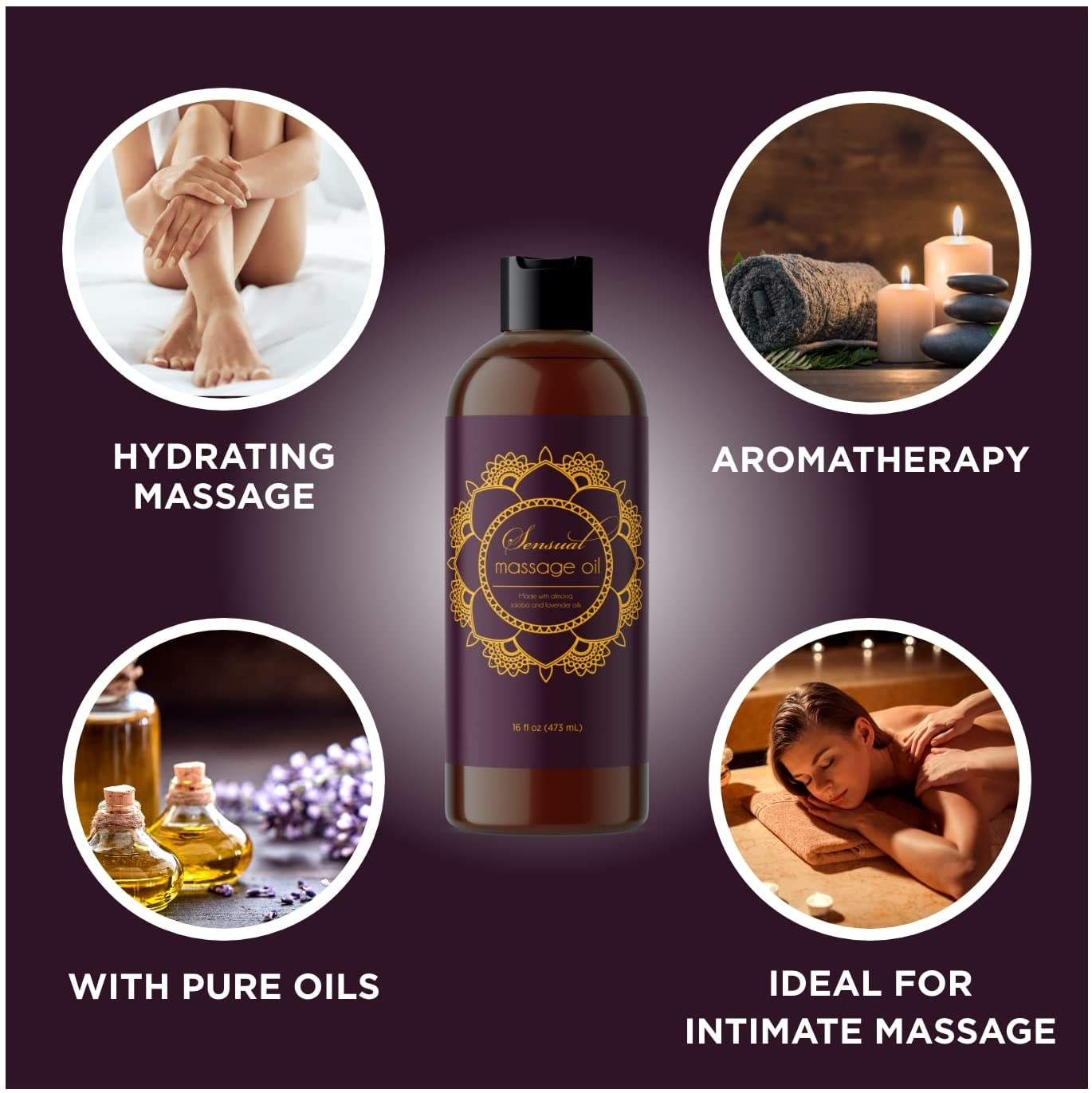 Aromatherapy Sensual Massage Oil for Couples - Lavender Massage Oil Enhanced with High Absorption Sweet Almond Oil Jojoba Vitamin E and Relaxing Lavender Essential Oil - Full Body Massage Oil 16Oz