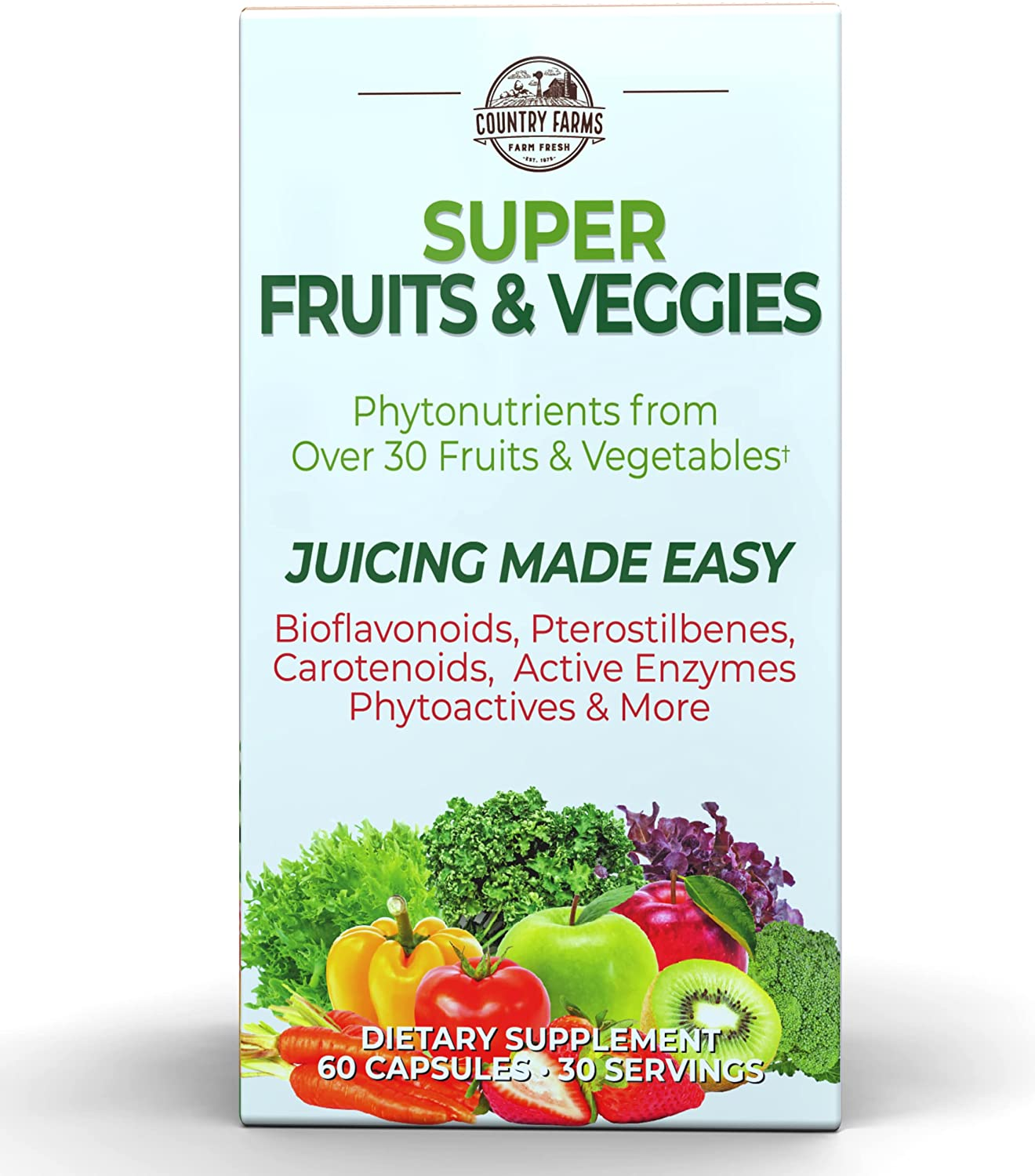 Super Fruit and Veggies Capsules, 30 Fruits and Vegetables, 30 Servings, 60 Count (Pack of 1)