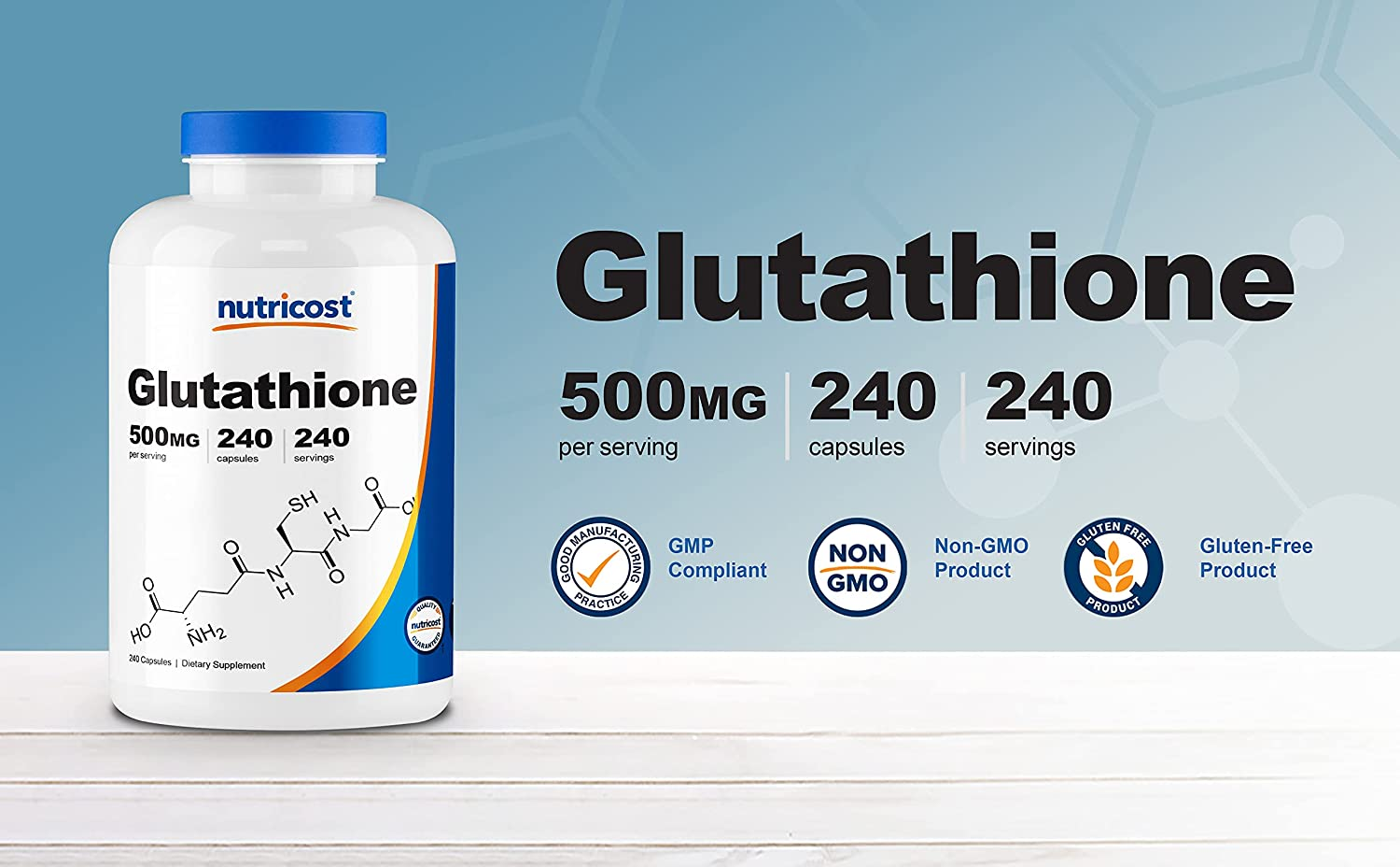 Glutathione Capsules 500Mg, 240 Capsules - Gluten Free, Non-Gmo