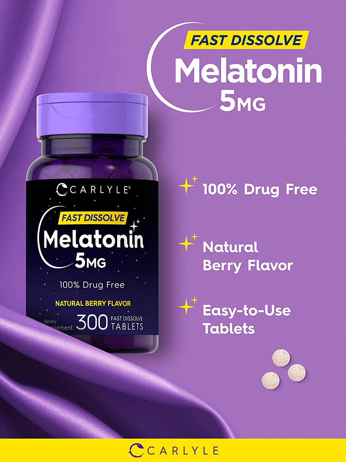 Melatonin 5 Mg Fast Dissolve 300 Tablets | Drug Free Aid | Natural Berry Flavor | Vegetarian, Non-Gmo