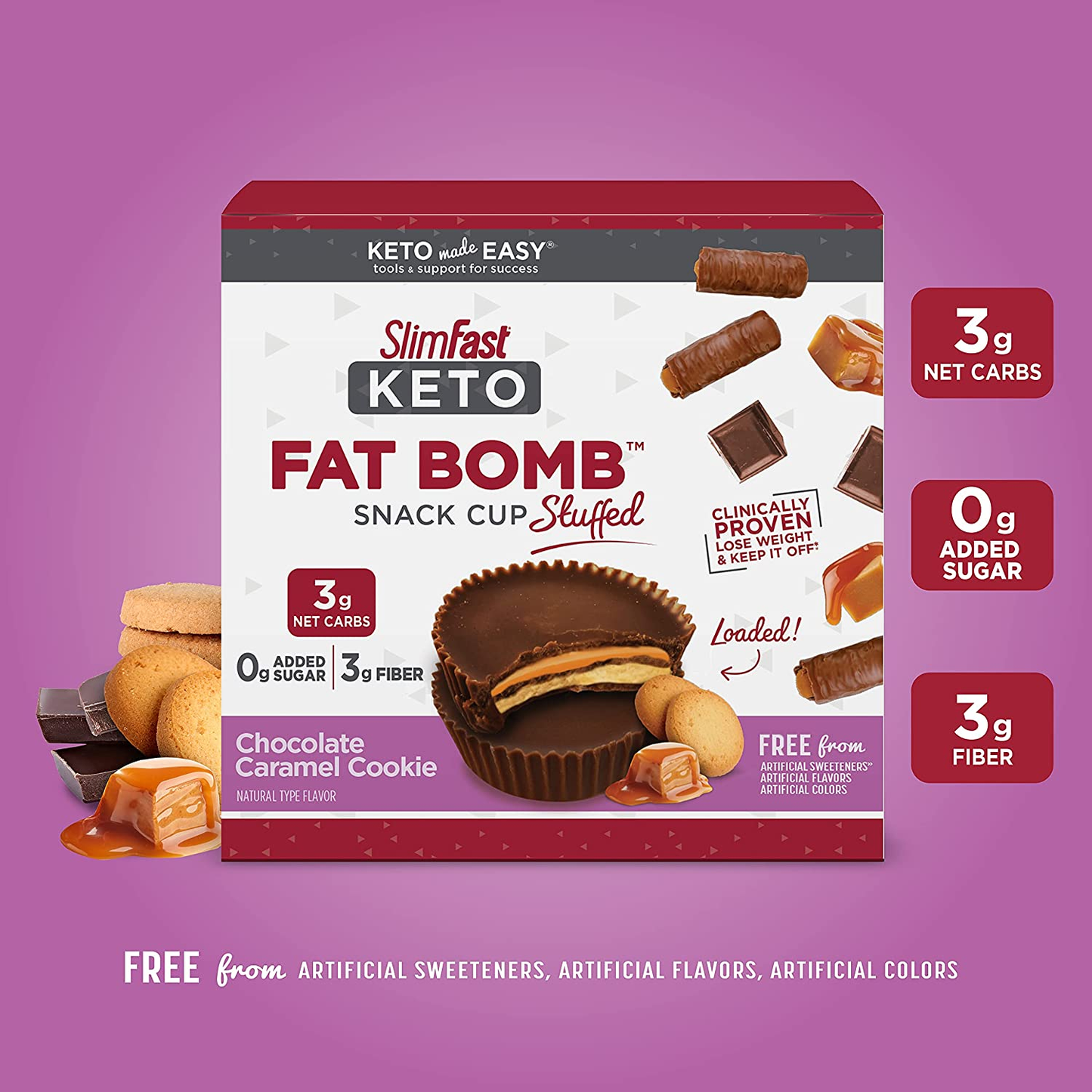 Keto Fat Bomb Stuffed Snack Cup, Chocolate Caramel Cookie, Keto Snacks for Weight Loss, Low Carb with 0G Added Sugar, 12 Count Box