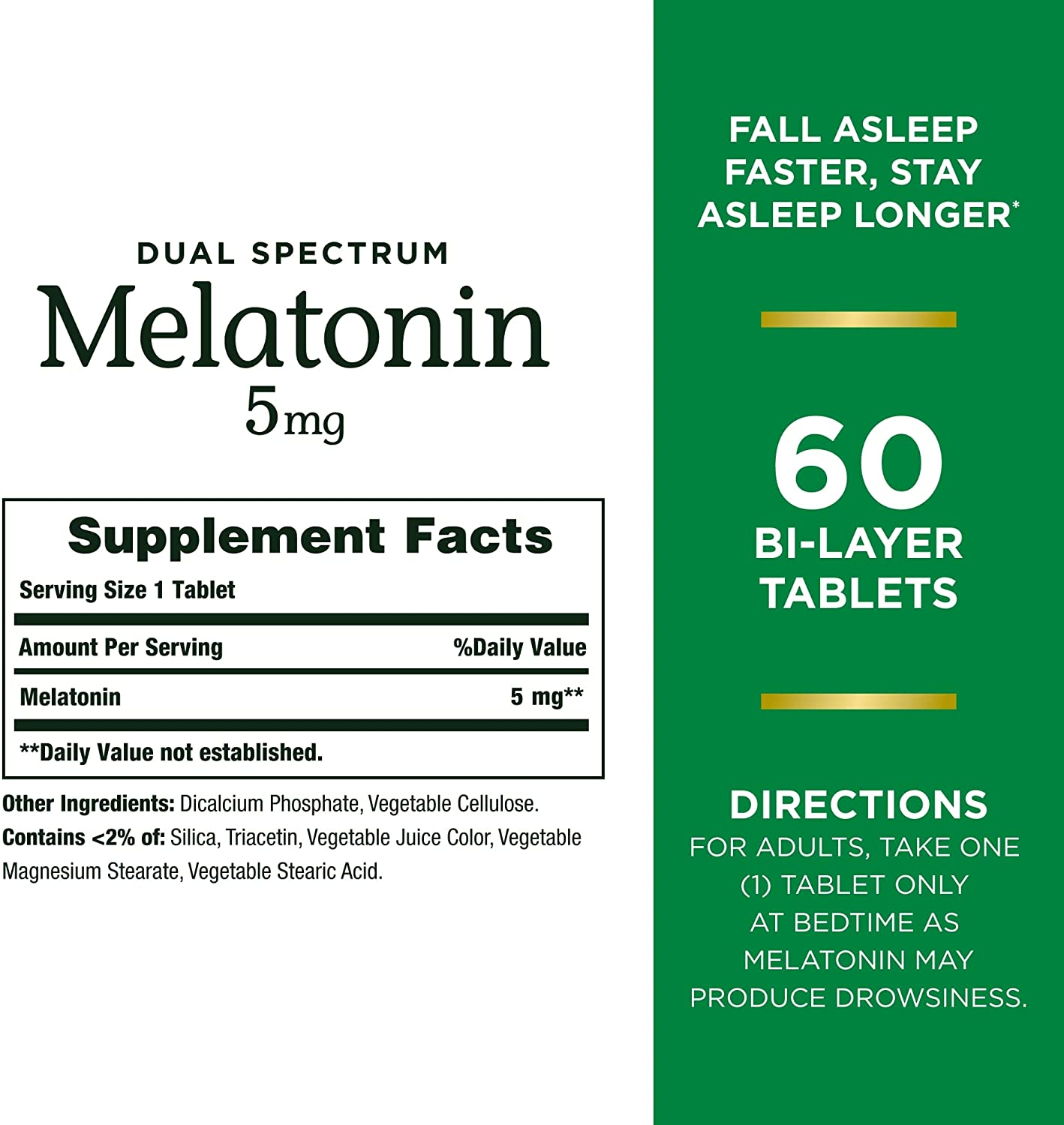 Nature’S Bounty Melatonin 5Mg Dual Spectrum, 100% Drug Free Sleep Supplement, Quick Release and Extended Release, Promotes Relaxation and Sleep Health, 60 Bi-Layer Tablets