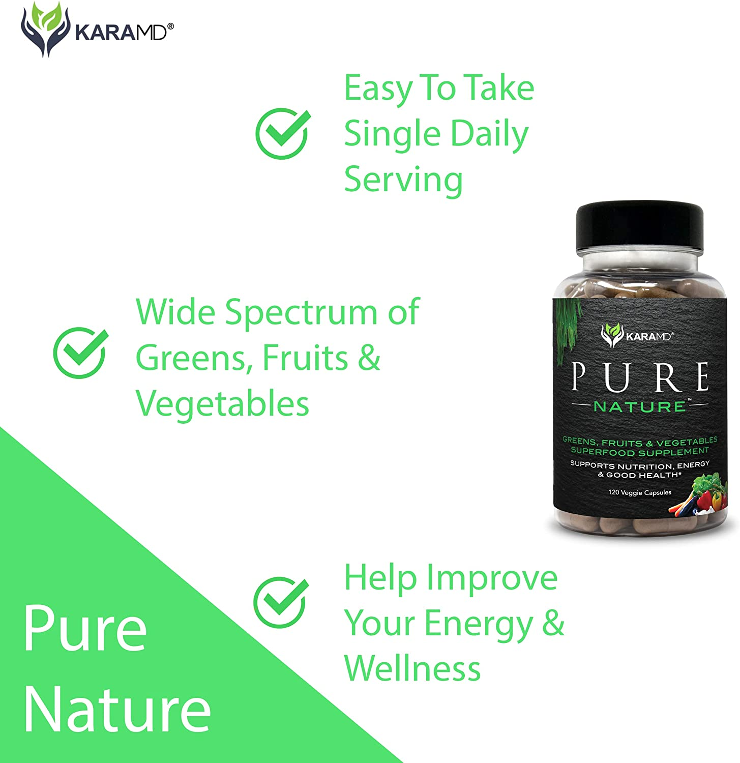 Pure Nature | Dr Formulated Greens, Fruit & Vegetable Whole Food Health Supplement | Vitamins, Fiber & Antioxidant Superfood Nutrition | Natural Energy, Digestion & Immunity Boost, 120 Capsules