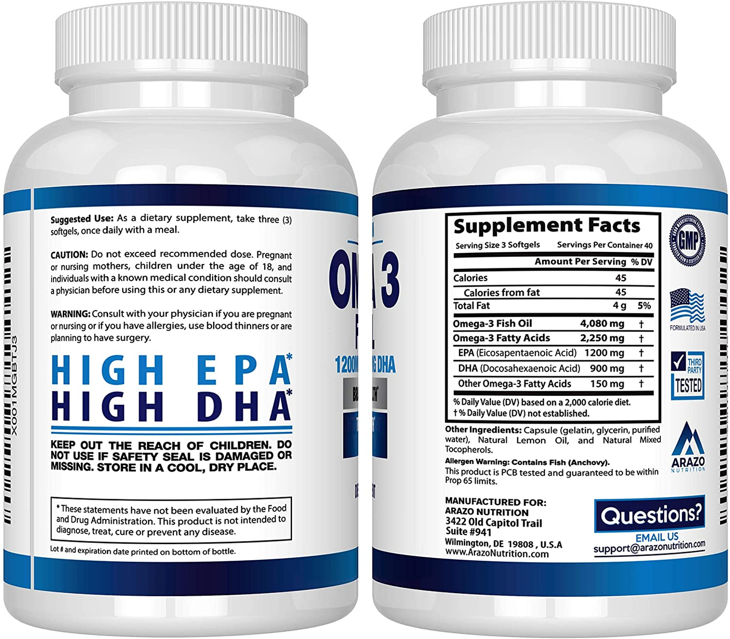 Omega 3 Fish Oil 4,080Mg - High EPA 1200Mg + DHA 900Mg Triple Strength Burpless Softgels -  (120 Soft Gels)