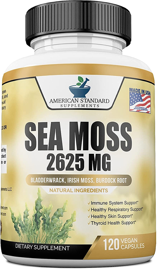 Organic Sea Moss 2625Mg, Maine USA Hand Harvested, Irish Moss Bladderwrack and Burdock Root, Sea Moss Capsules, Seamoss, Irish Sea Moss Alternative to Sea Moss Powder, Sea Moss Gel, 120 Vegan Capsules