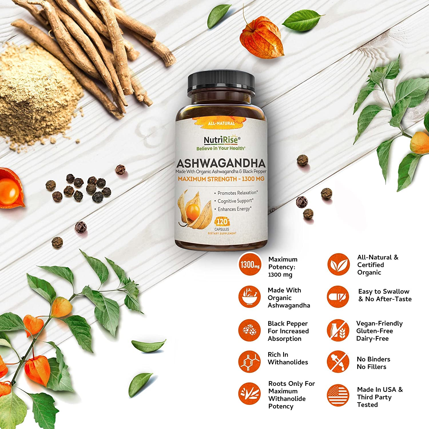 Organic Ashwagandha Capsules - High Potency 1300 Mg: Ultimate Natural Sleep Support, Immune Support, Focus, and Energy Supplement with Black Pepper for Wellbeing and Vitality