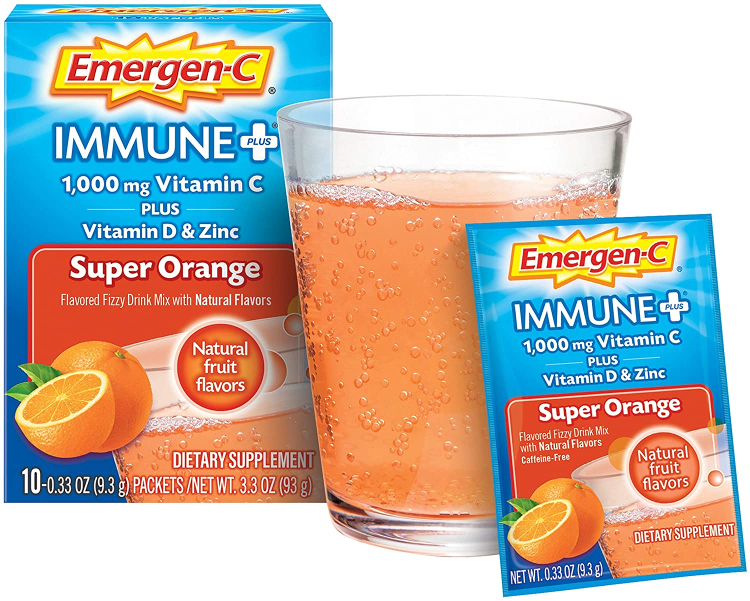 Immune+ 1000Mg Vitamin C Powder, with Vitamin D, Zinc, Antioxidants and Electrolytes for Immunity, Immune Support Dietary Supplement, Super Orange Flavor, 0.33 Ounce (Pack of 10)