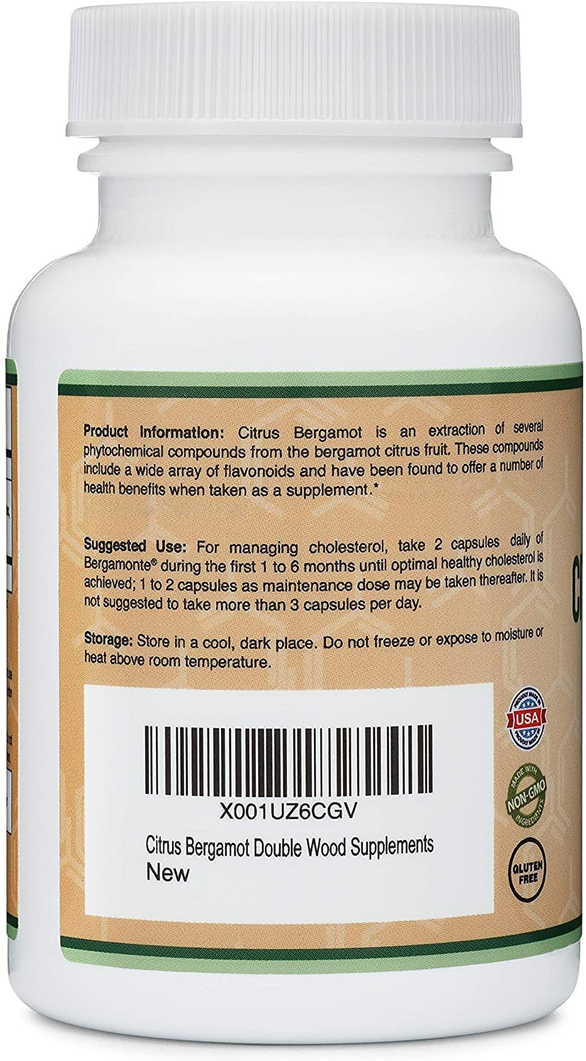 Citrus Bergamot Capsules 1,000Mg Servings (Patented Bergamonte Vegan Cholesterol Support Extract) Citrus Fruit Bioflavonoids Sourced from Italy and Manufactured in USA (60 Capsules) by Double Wood