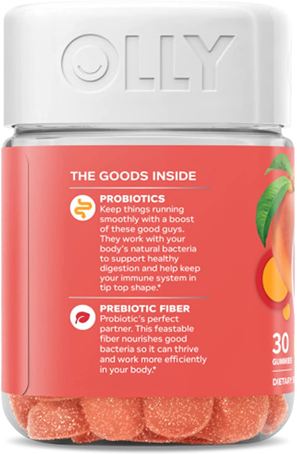 Probiotic + Prebiotic Gummy, Digestive Support and Gut Health, 500 Million Cfus, Fiber, Adult Chewable Supplement for Men and Women, Peach, 30 Day Supply - 30 Count