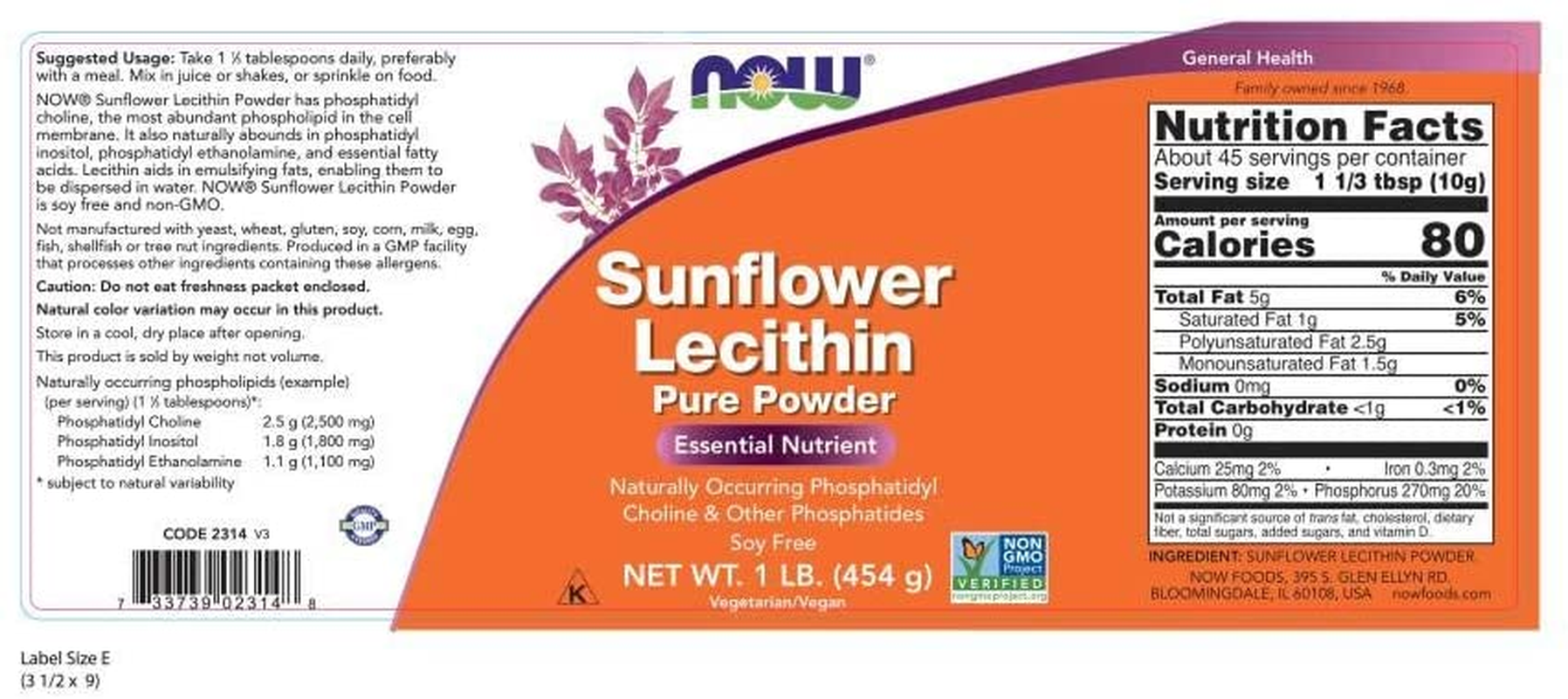 Supplements, Sunflower Lecithin with Naturally Occurring Phosphatidyl Choline and Other Phosphatides, Powder, 1-Pound