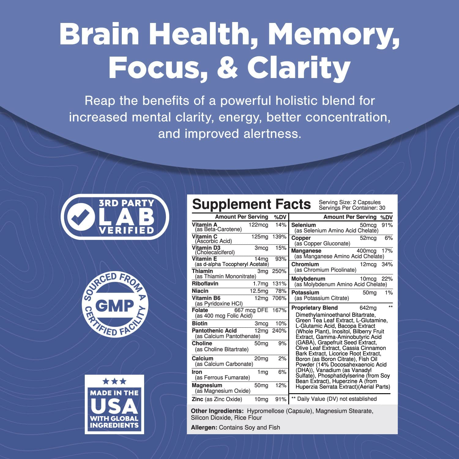 Nootropics Brain Support Supplement - Mental Focus Nootropic Memory Supplement for Brain Health with Energy and Focus Vitamins DMAE Bacopa and Phosphatidylserine - Brain Focus and Performance Blend