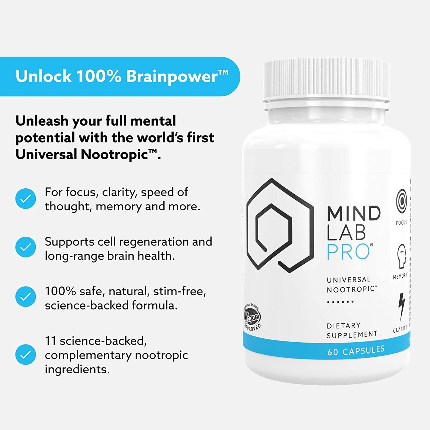 ® Universal Nootropic™ Brain Booster Supplement for Focus, Memory, Clarity, Energy - 60 Capsules - Plant-Based, Naturally Sourced Memory Vitamins for Better Brain Health