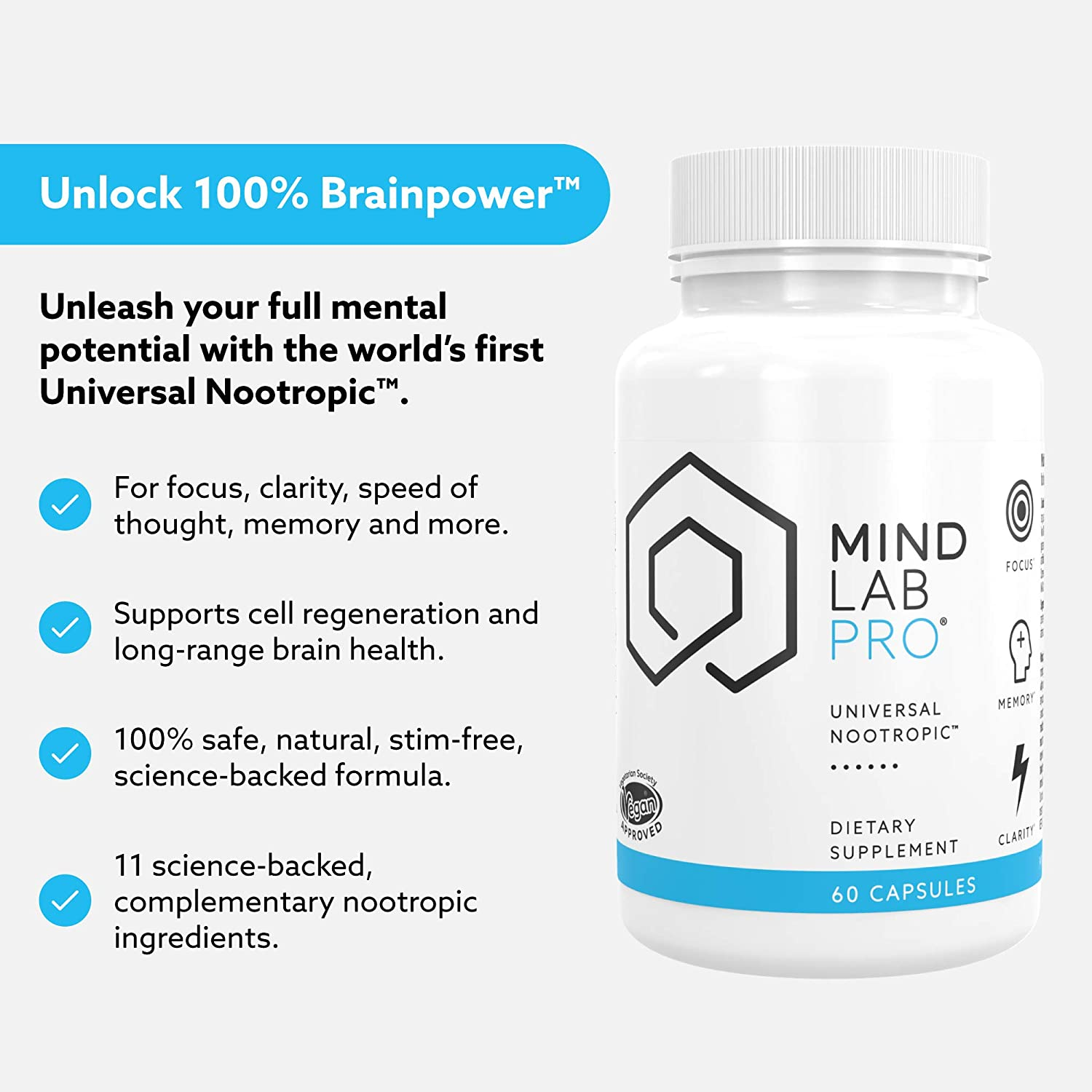 ® Universal Nootropic™ Brain Booster Supplement for Focus, Memory, Clarity, Energy - 60 Capsules - Plant-Based, Naturally Sourced Memory Vitamins for Better Brain Health