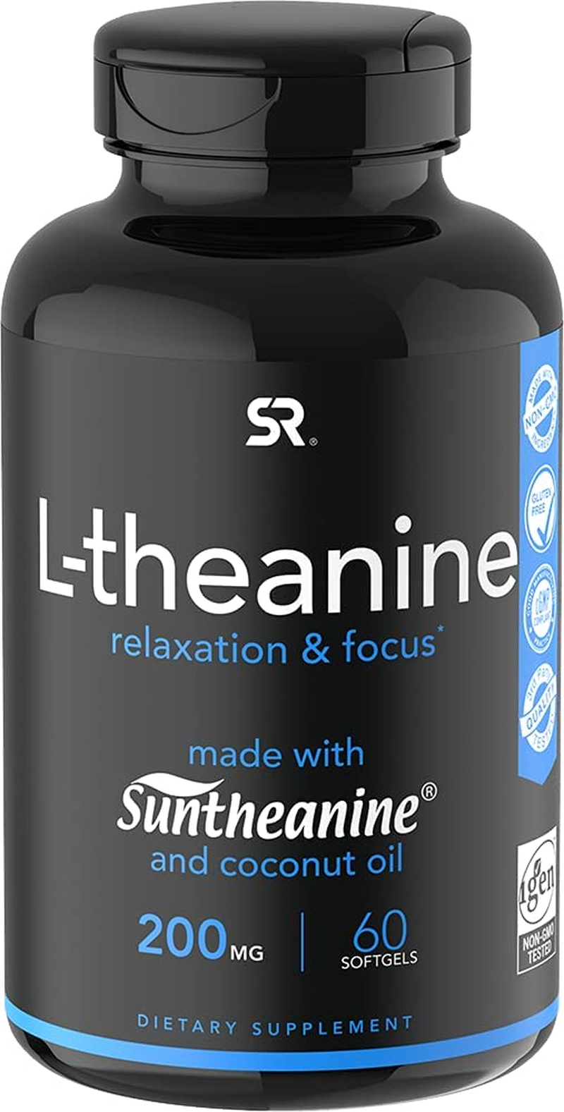 Double Strength ‘Suntheanine’ L-Theanine with Organic Coconut Oil - Promotes Alertness & Relaxation without Drowsiness - 200Mg L Theanine Supplement - 60 Softgel Capsules for Adults