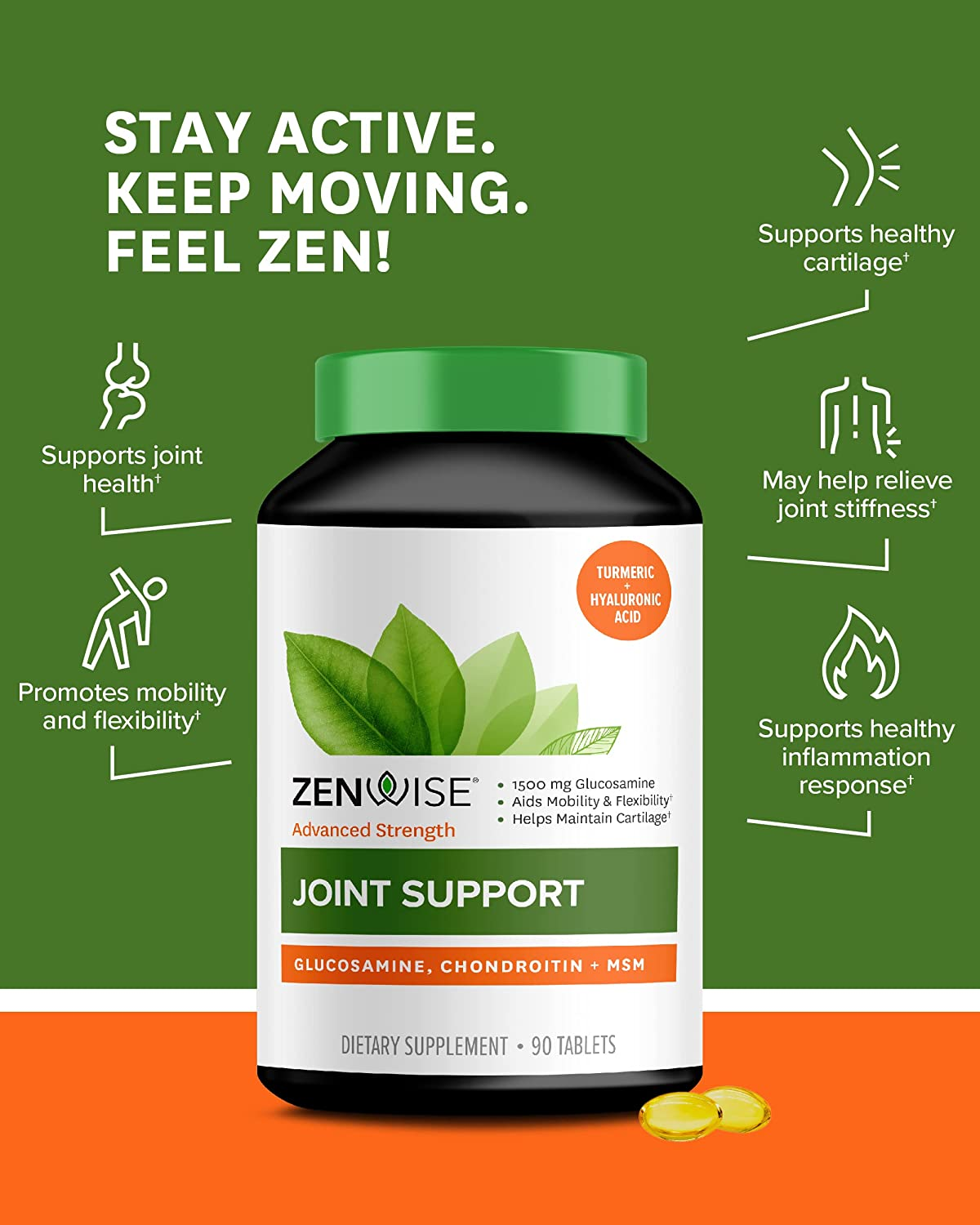 Zenwise Joint Support Supplement - 1500Mg Glucosamine, 1200Mg Chondroitin, 1000 MG MSM & Hyaluronic Acid for Advanced Relief - Mobility Supplement for Pain, Aches, Soreness & Inflammation - 90 Tablets