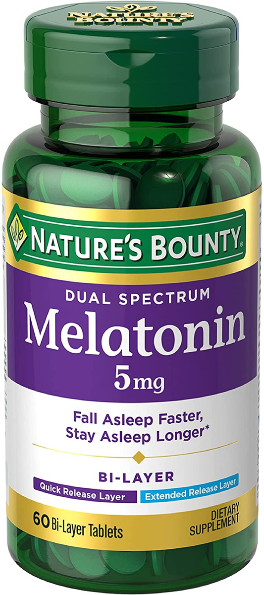 Nature’S Bounty Melatonin 5Mg Dual Spectrum, 100% Drug Free Sleep Supplement, Quick Release and Extended Release, Promotes Relaxation and Sleep Health, 60 Bi-Layer Tablets