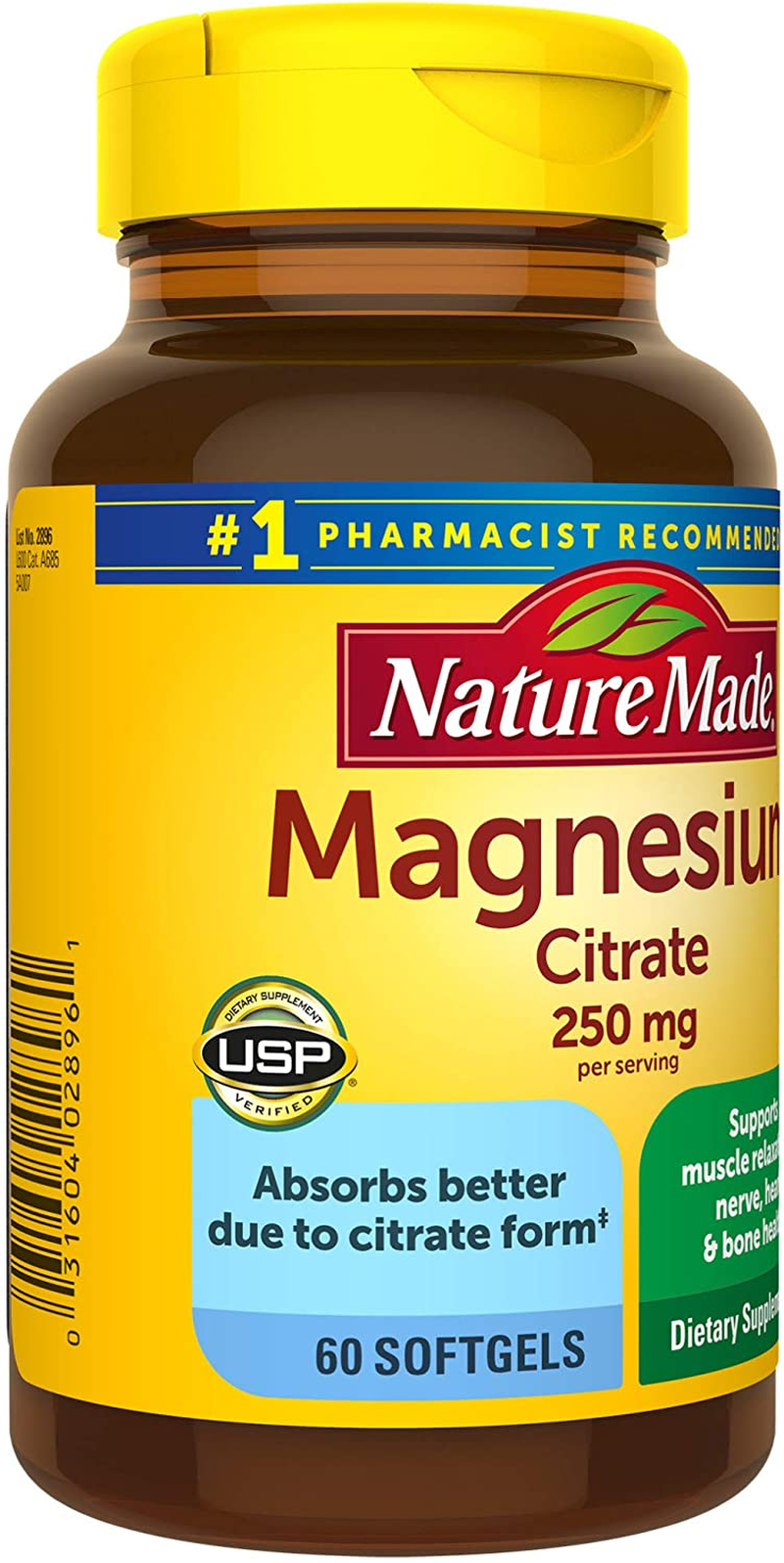 Magnesium Citrate 250 Mg, Dietary Supplement for Muscle Support, 60 Softgels, 30 Day Supply