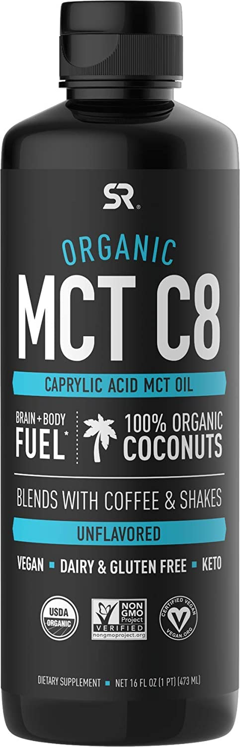 Keto MCT Oil from Organic Coconuts - Fatty Acid Fuel for Body + Brain - Single Ingredient C8 Caprylic Acid - Perfect in Coffee, Tea, & More - Non-Gmo & Vegan - Unflavored (16 Oz)