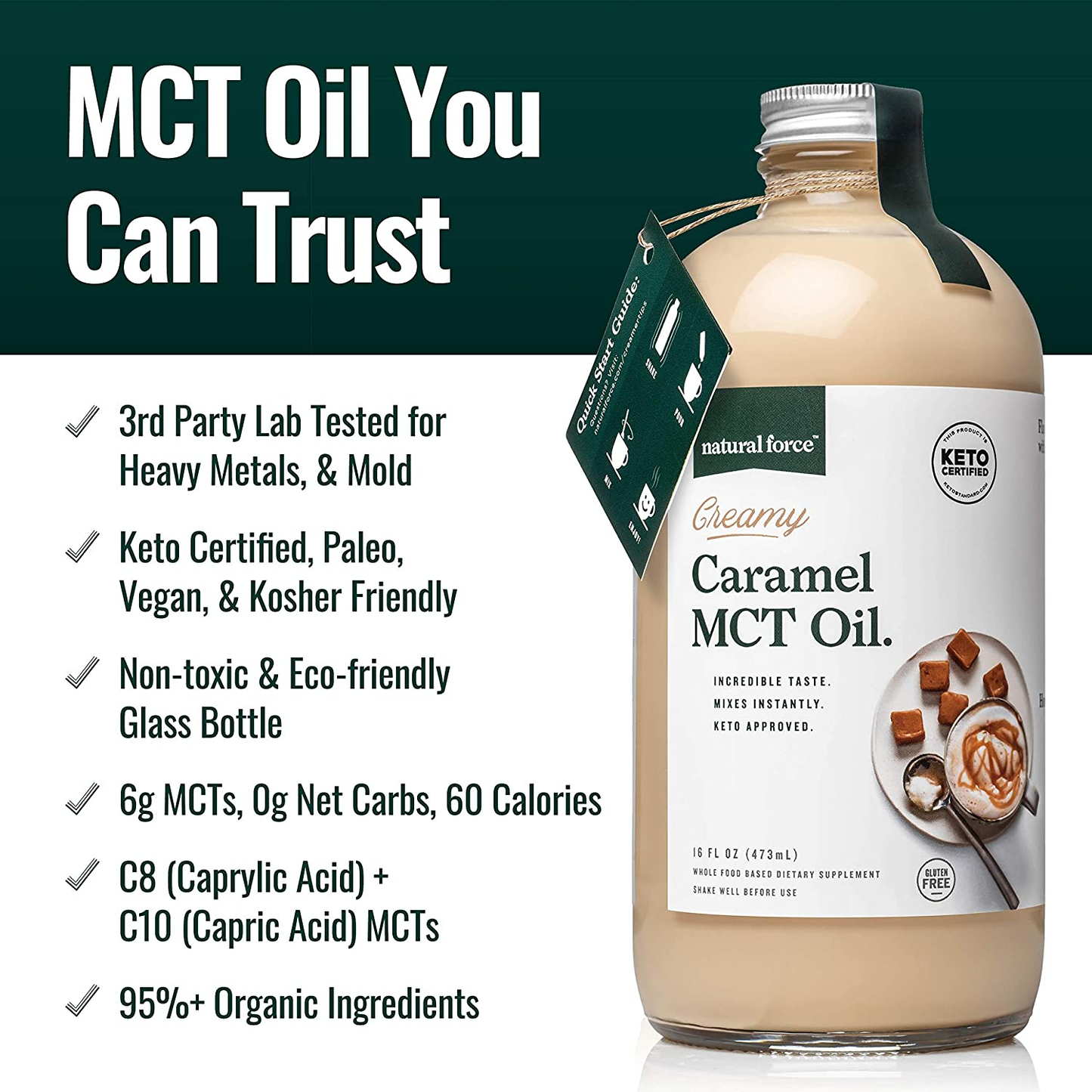 Creamy Caramel MCT Oil – Non Dairy, Keto Certified, Emulsified Mcts for Low-Carb, Ketogenic Coffee, Smoothies, & Shakes - Mixes Instantly + No Blending Required – 16 Oz Glass Bottle