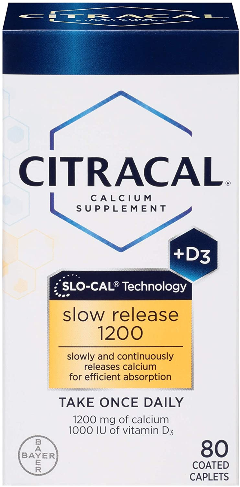 Slow Release 1200, 1200 Mg Calcium Citrate and Calcium Carbonate Blend with 1000 IU Vitamin D3, Bone Health Supplement for Adults, Once Daily Caplets, 80 Count