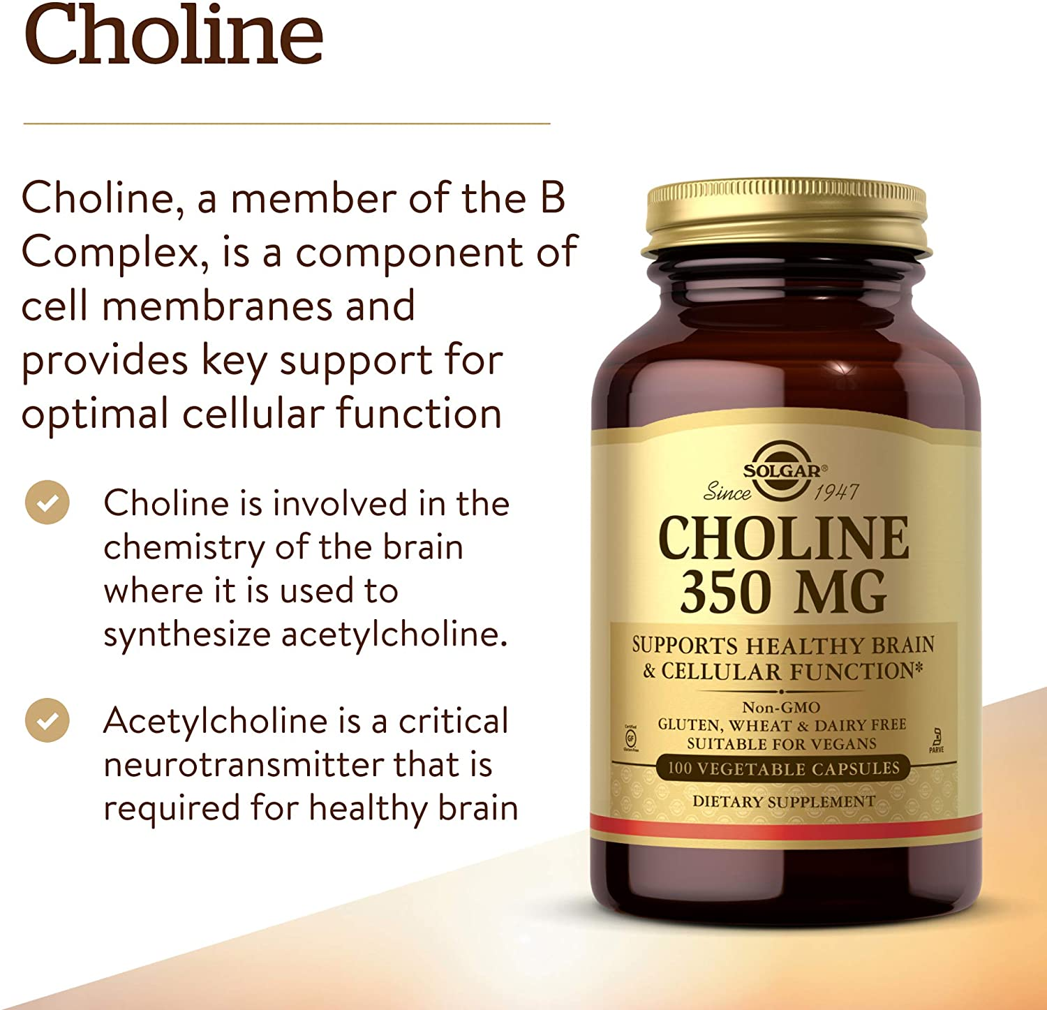 Choline 350 Mg, 100 Vegetable Capsules - Supports Healthy Brain & Cellular Function - Vegan, Gluten Free, Dairy Free, Kosher - 100 Servings