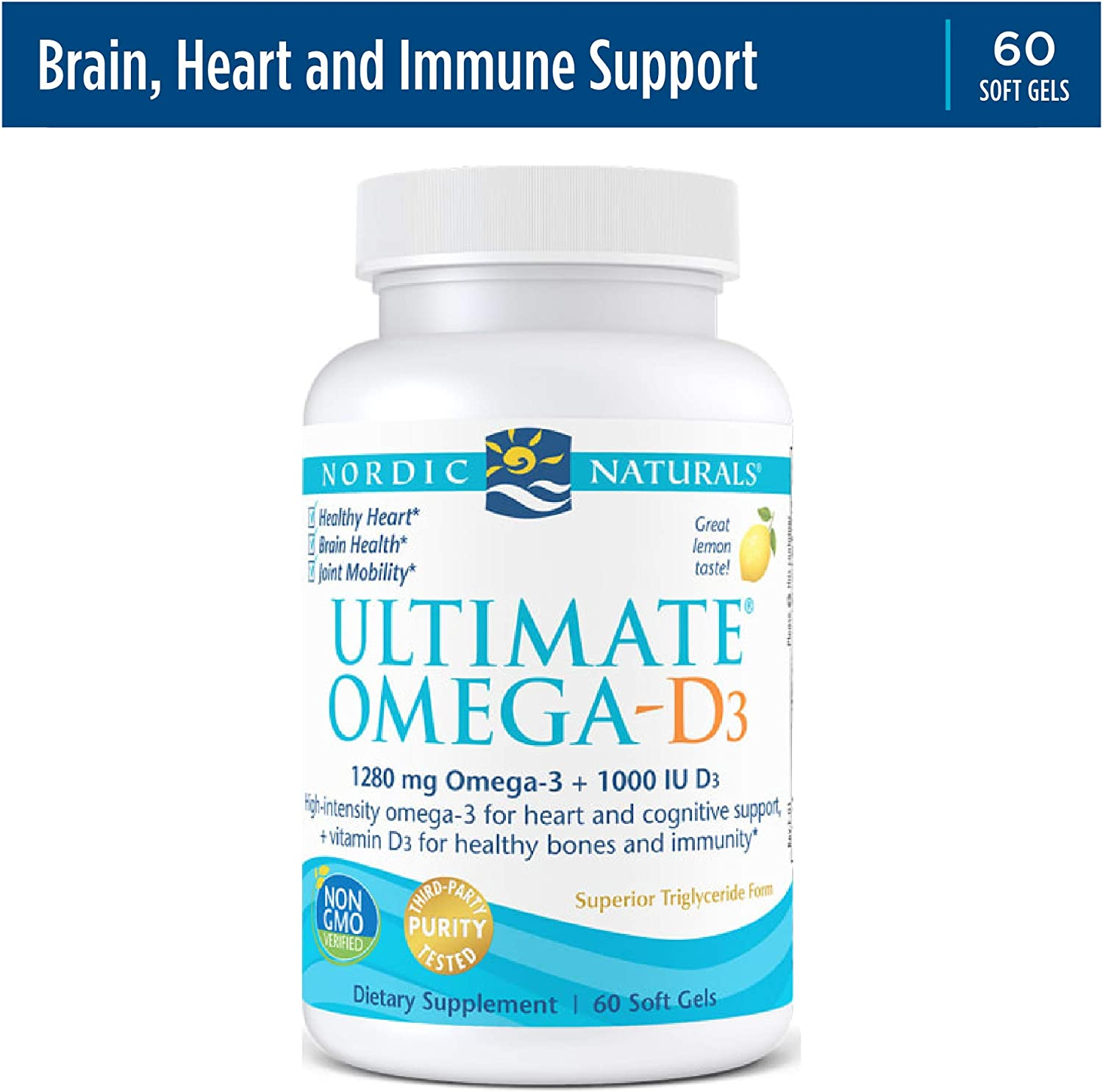 Ultimate Omega-D3, Lemon Flavor - 1280 Mg Omega-3 + 1000 IU Vitamin D3-60 Soft Gels - Omega-3 Fish Oil - EPA & DHA - Promotes Brain, Heart, Joint, & Immune Health - 30 Servings