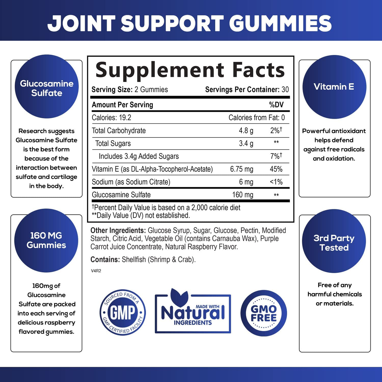 Joint Support Gummies Extra Strength Glucosamine & Vitamin E - Natural Joint & Flexibility Support Gummy - Best Cartilage & Immune Health Support Supplement for Women & Men - 60 Gummies