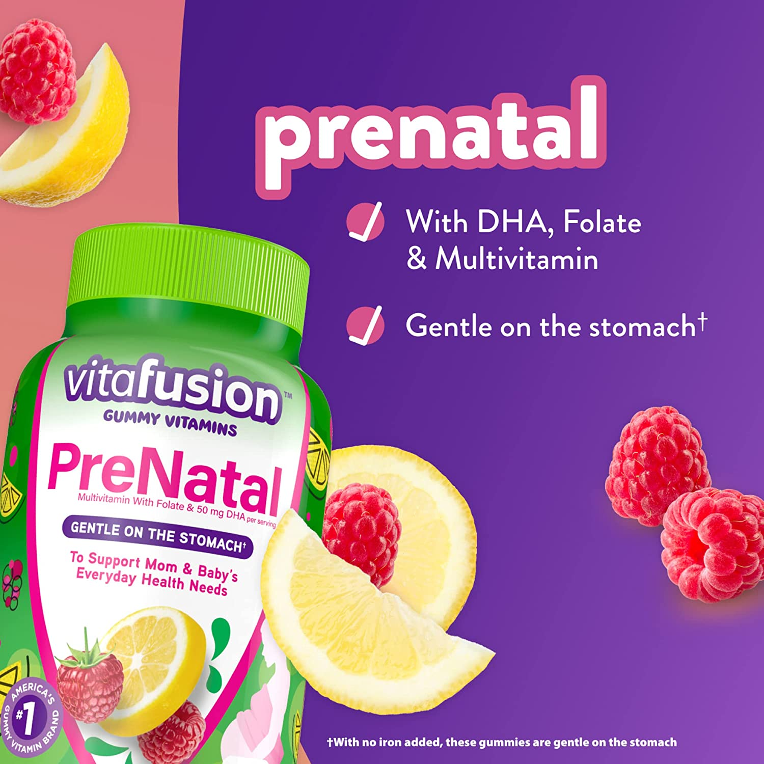 Prenatal Gummy Vitamins, Lemon & Raspberry Lemonade Flavored Pregnancy Vitamins for Women, 90 Count