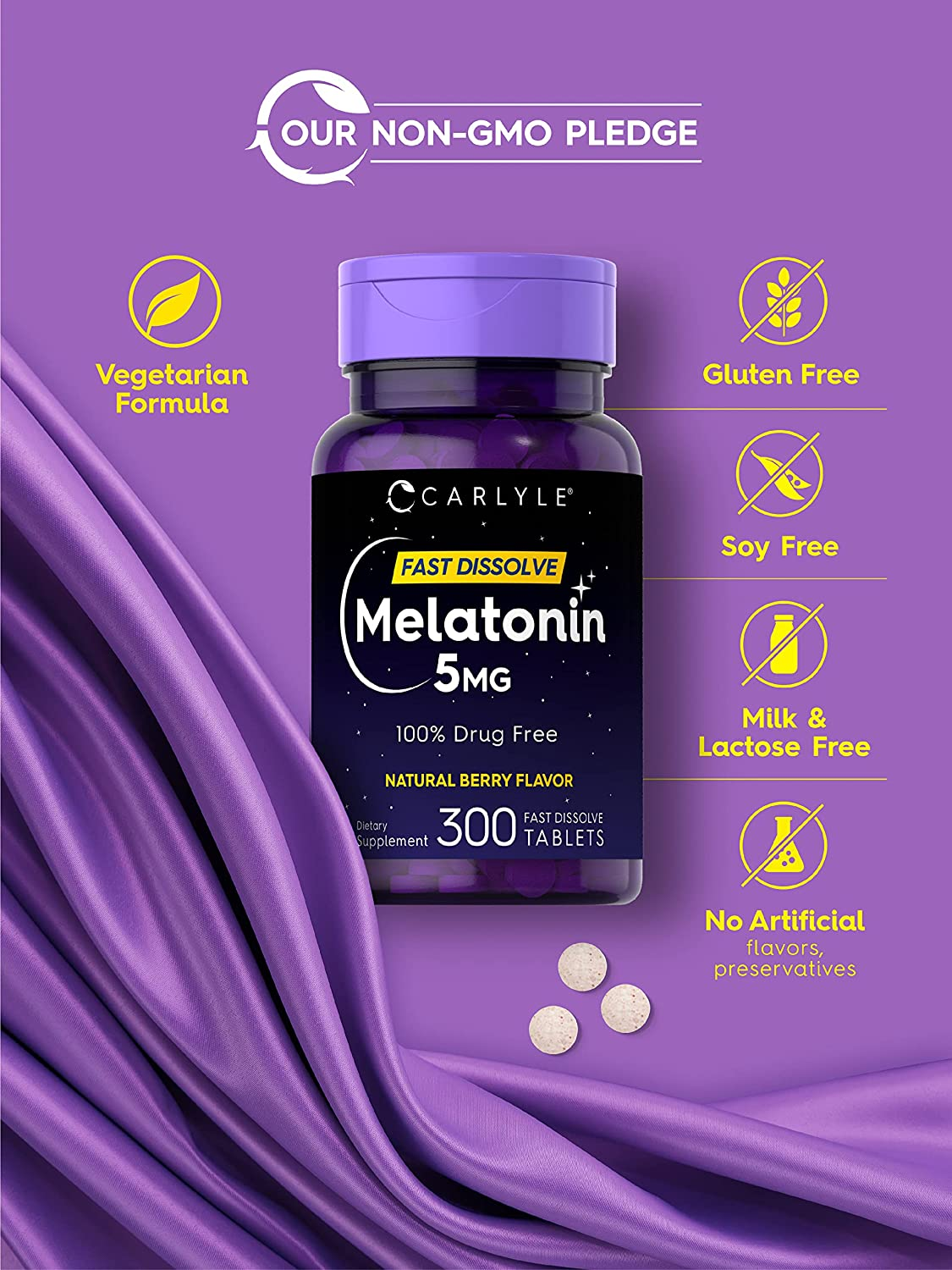 Melatonin 5 Mg Fast Dissolve 300 Tablets | Drug Free Aid | Natural Berry Flavor | Vegetarian, Non-Gmo