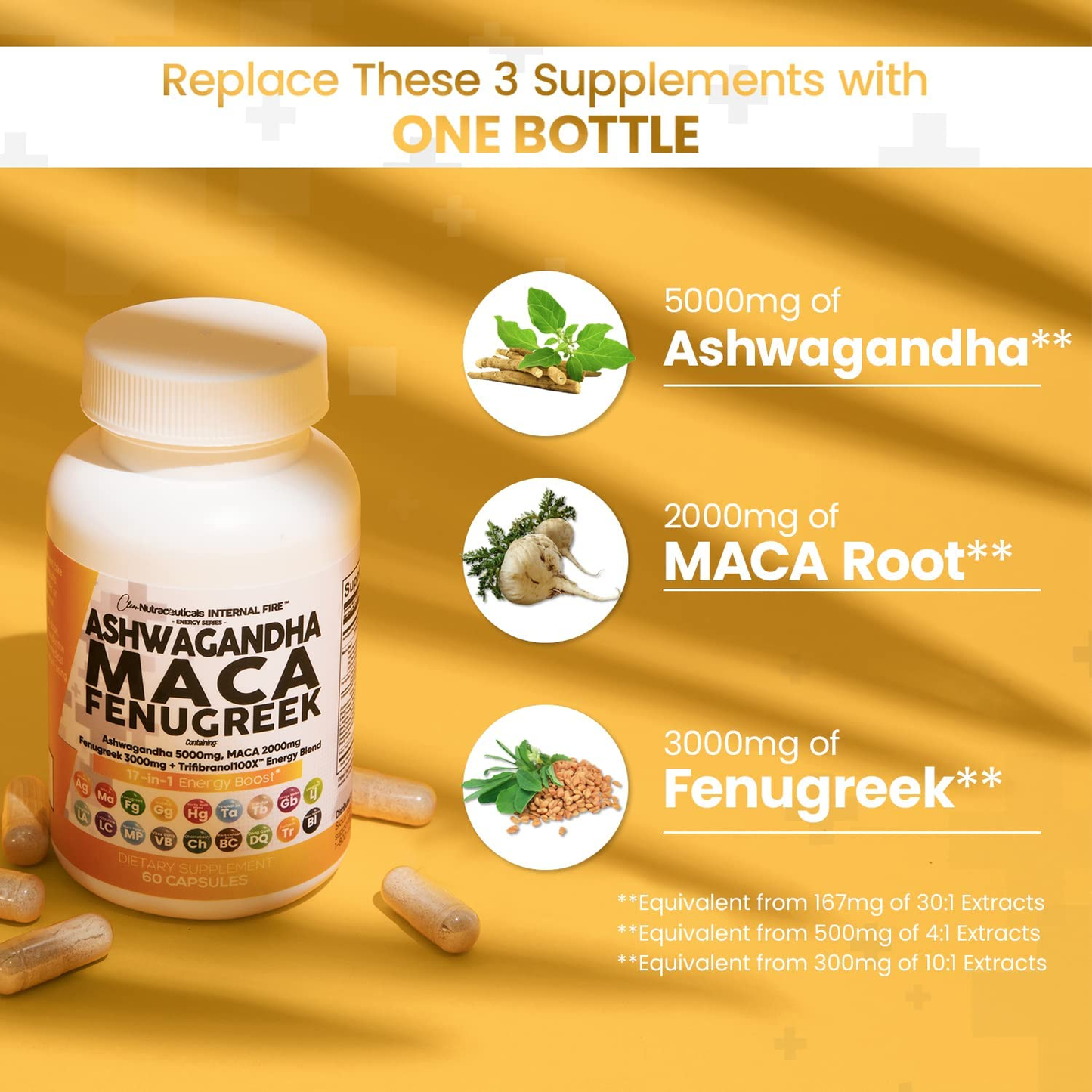 Ashwagandha 5000Mg Maca Root 2000Mg Fenugreek 3000Mg Supplement with Tongkat Ali Ginseng - Assists with Stress, Mood & Adrenal Health - Ashwagandha Capsules Maca Pills Fenugreek Caps USA - 60 Count