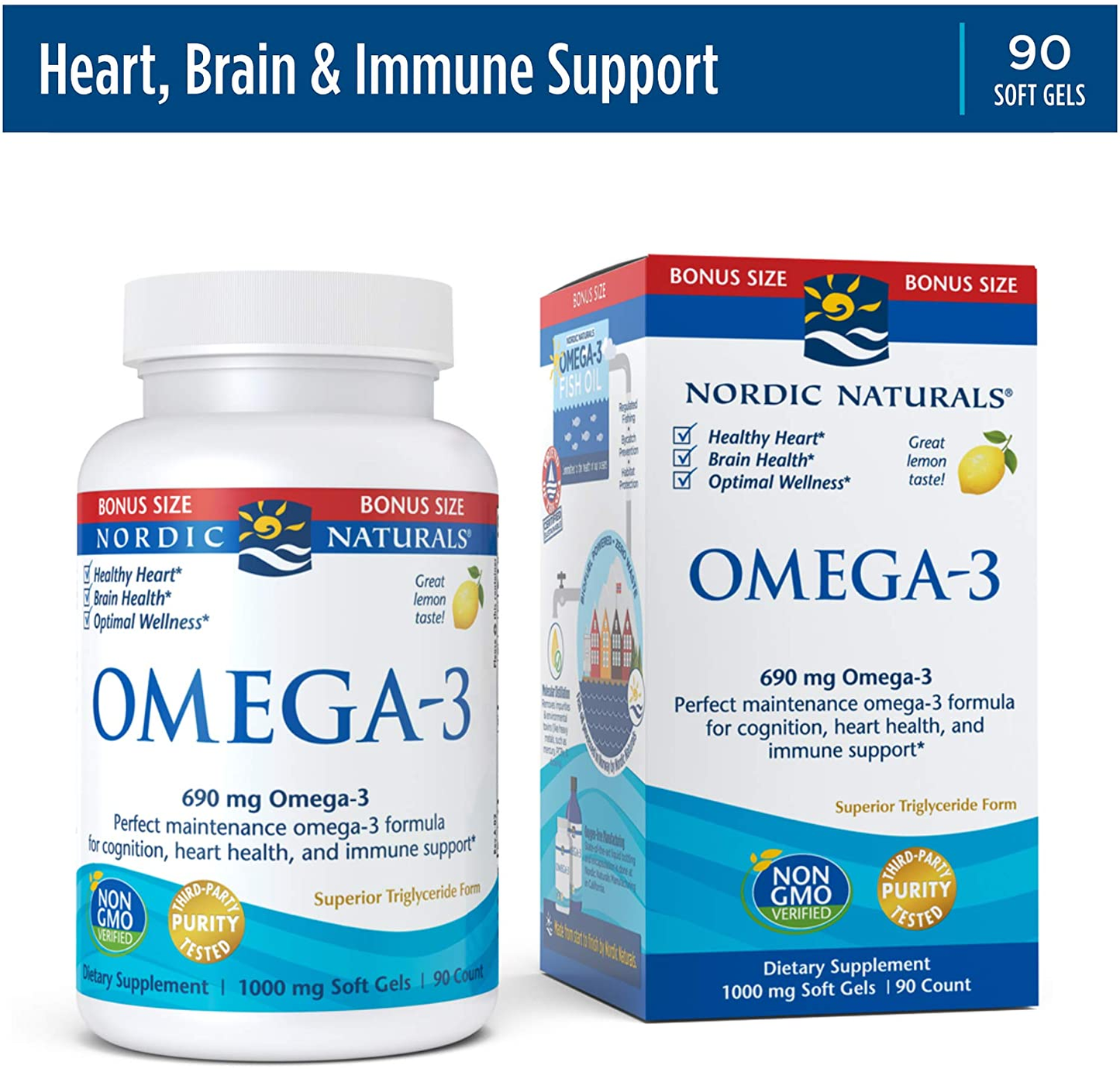 Omega-3, Lemon Flavor - 690 Mg Omega-3-90 Soft Gels - Fish Oil - EPA & DHA - Immune Support, Brain & Heart Health, Optimal Wellness - Non-Gmo - 45 Servings