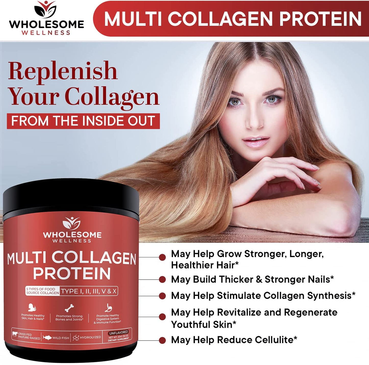 Multi Collagen Protein Powder Hydrolyzed (Type I II III V X) Grass-Fed All-In-One Super Bone Broth + Collagen Peptides - Premium Blend of Grass-Fed Beef, Chicken, Wild Fish, Eggshell Collagen