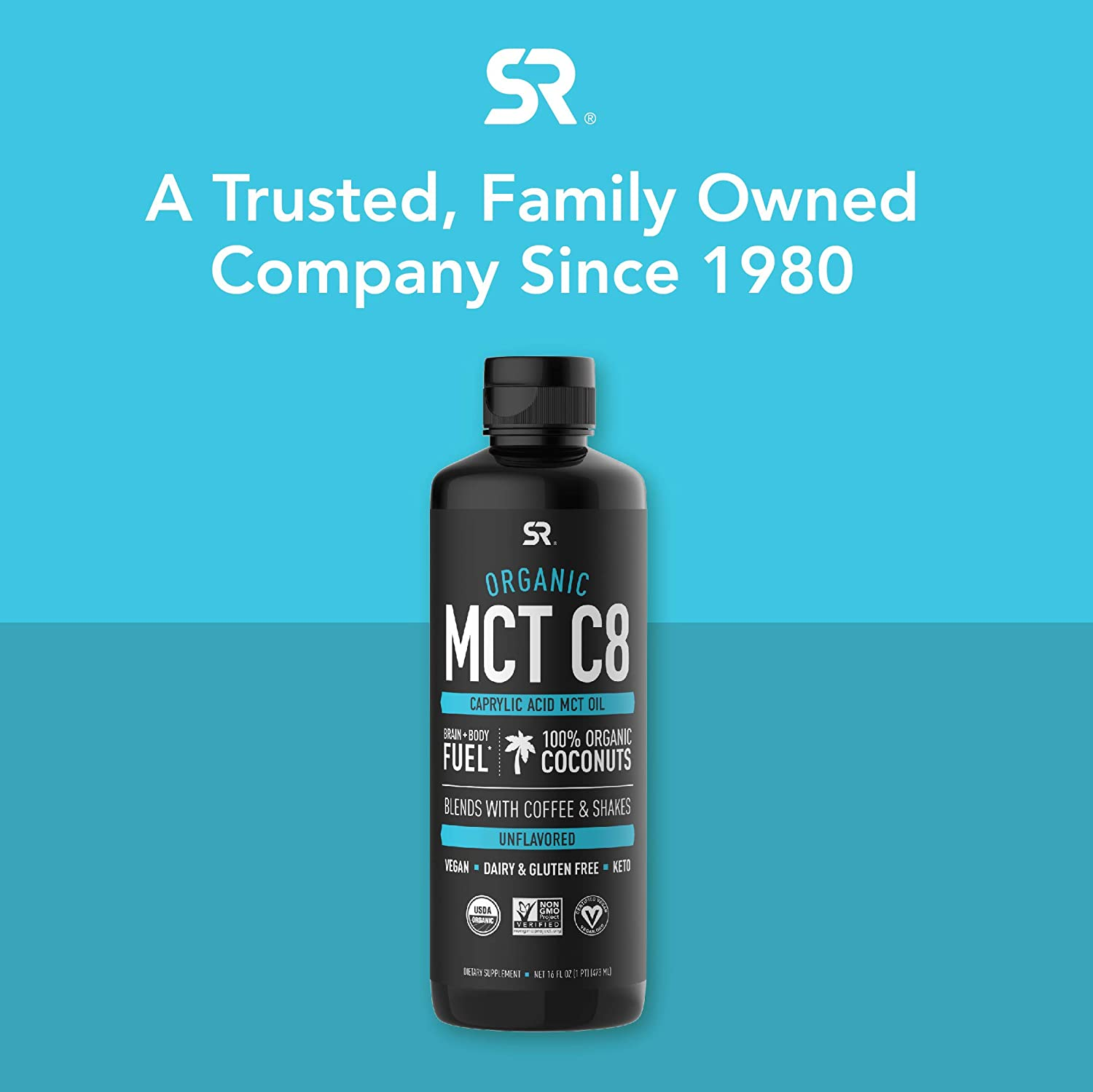 Keto MCT Oil from Organic Coconuts - Fatty Acid Fuel for Body + Brain - Single Ingredient C8 Caprylic Acid - Perfect in Coffee, Tea, & More - Non-Gmo & Vegan - Unflavored (16 Oz)