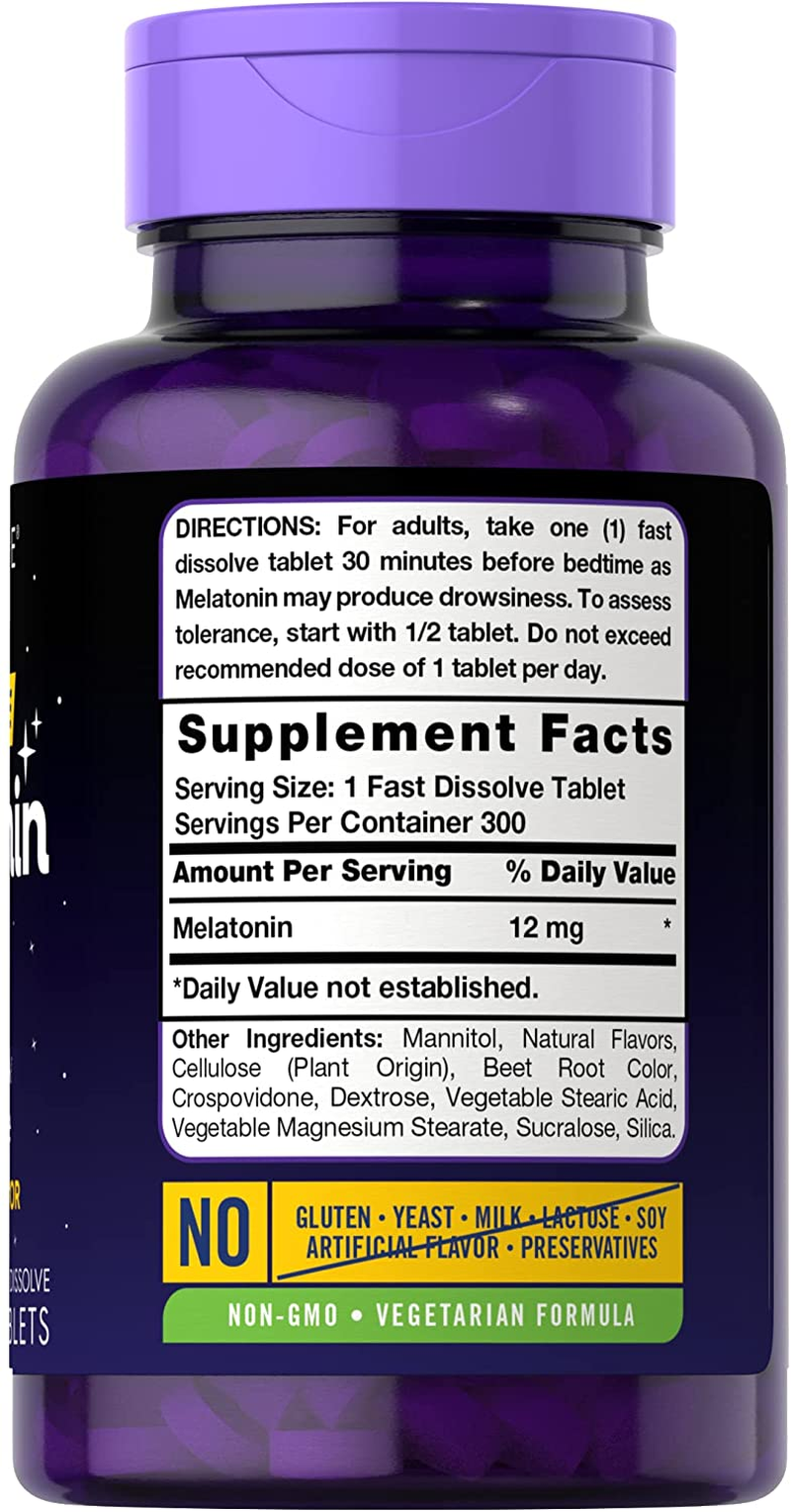 Melatonin 12 Mg Fast Dissolve 300 Tablets | Drug Free | Natural Berry Flavor | Vegetarian, Non-Gmo, Gluten Free