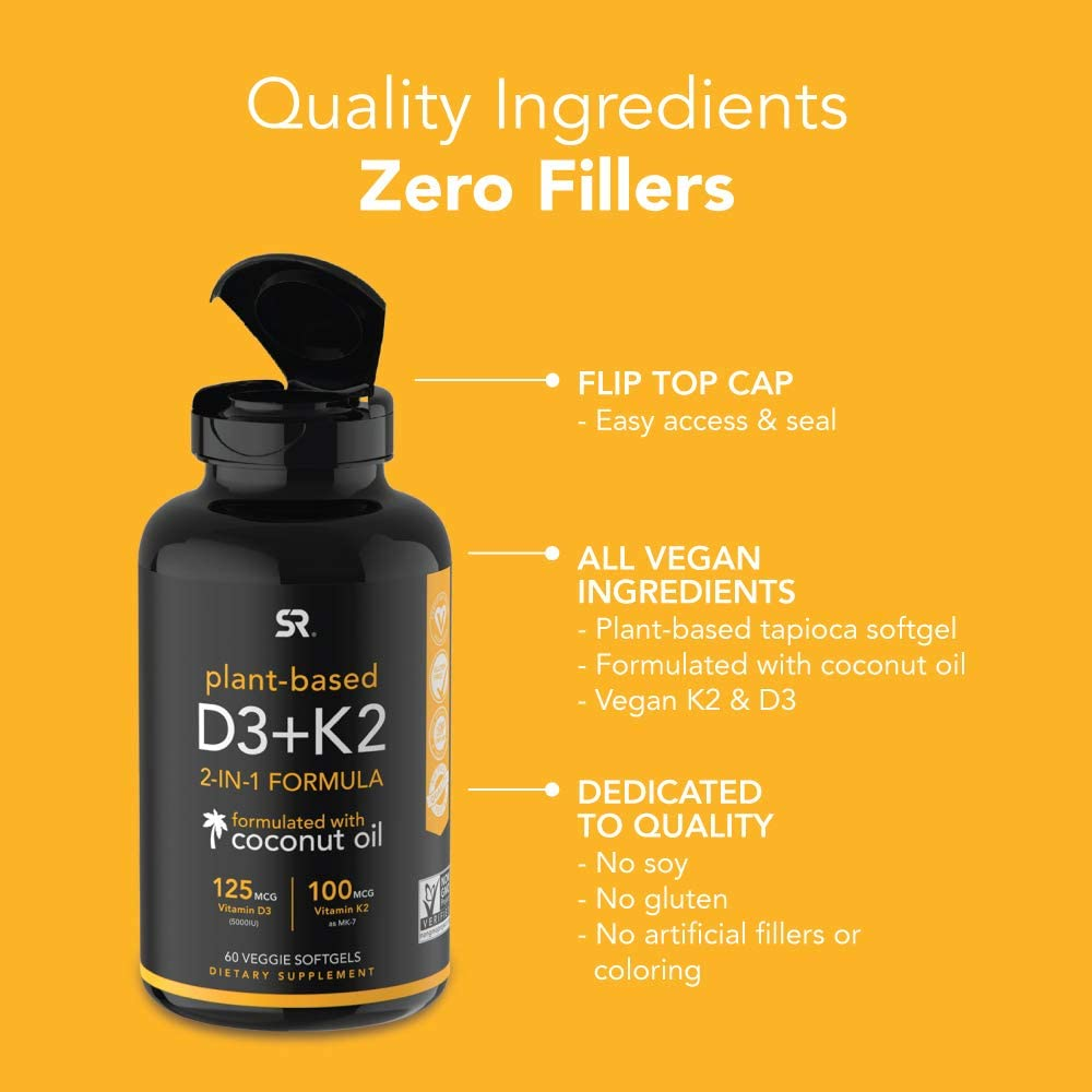 Vegan Vitamin D3 + K2 Supplement with Organic Coconut Oil - 5000Iu Vitamin D with 100Mcg Mk7 Vitamin K - Supports Calcium for Stronger Bones & Immune Health - 30 Softgels for Adults