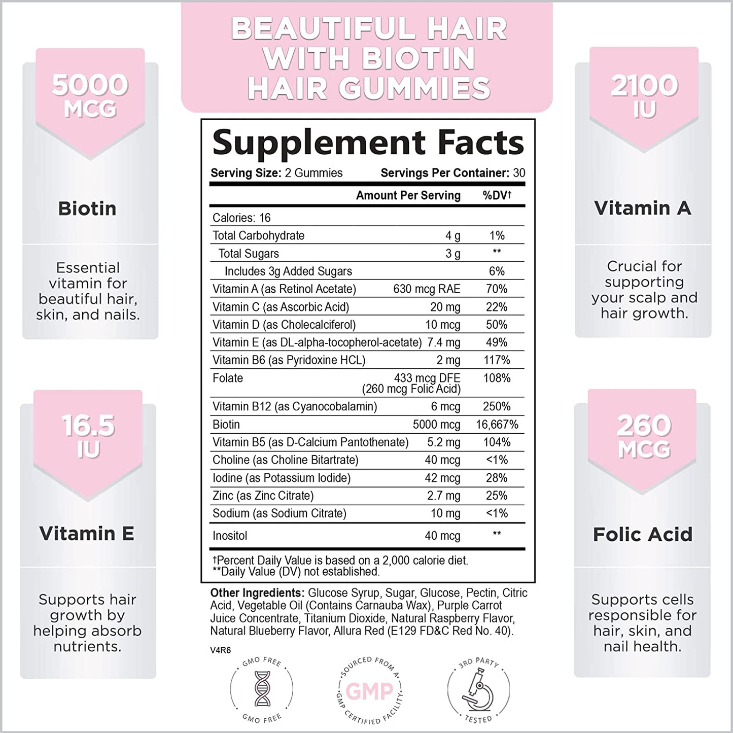 Hello Lovely Hair Vitamins Gummies with Biotin 5000 Mcg Vitamin E & C Support Hair Growth, Premium Vegetarian, Non-Gmo, for Stronger, Beautiful Hair & Nails, Red Berry Supplement - 60 Gummy Bears