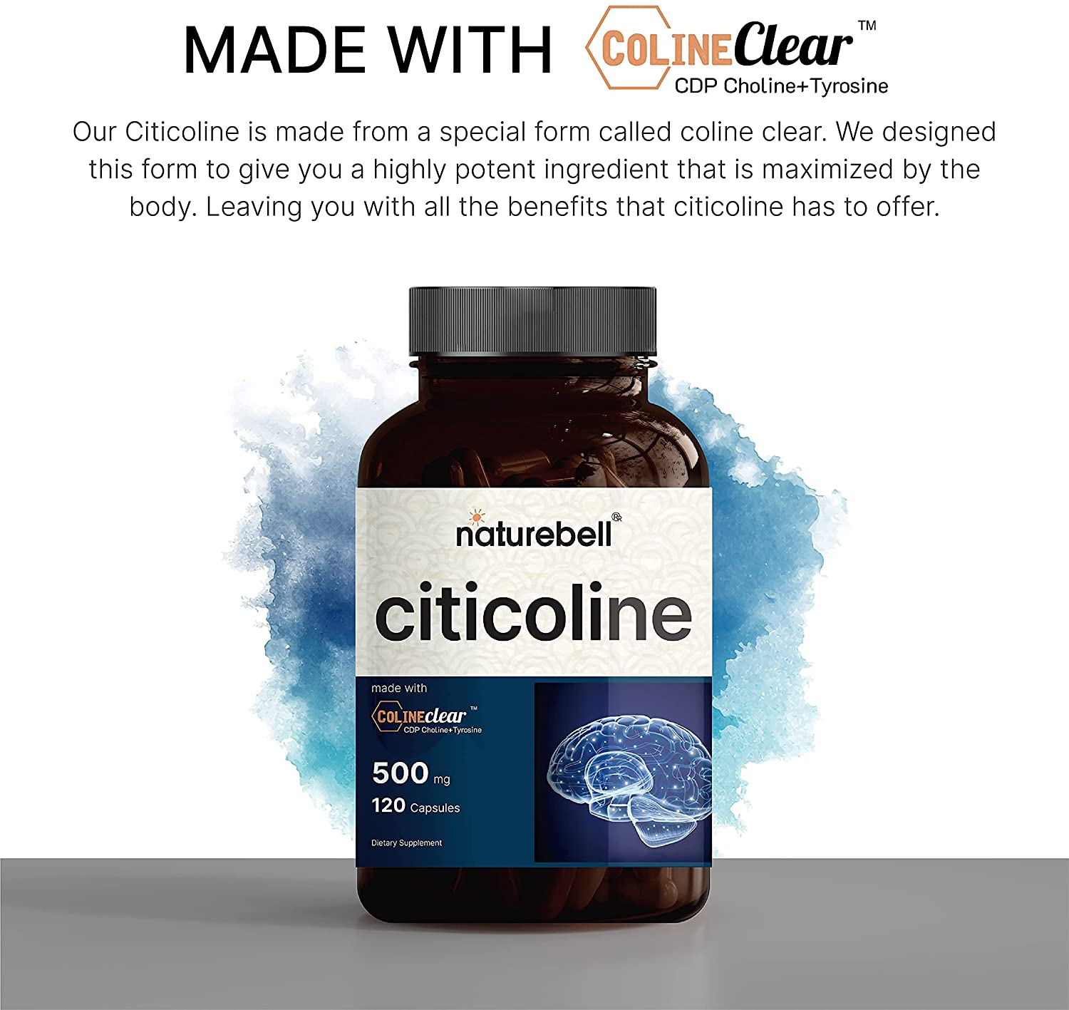 Citicoline Supplements, CDP Choline, Citicoline 500Mg plus Tyrosine 50Mg per Serving, Optimized Dosage, 120 Capsules, 2 in 1 Formula, Dual Action Brain Supplement, Non-Gmo