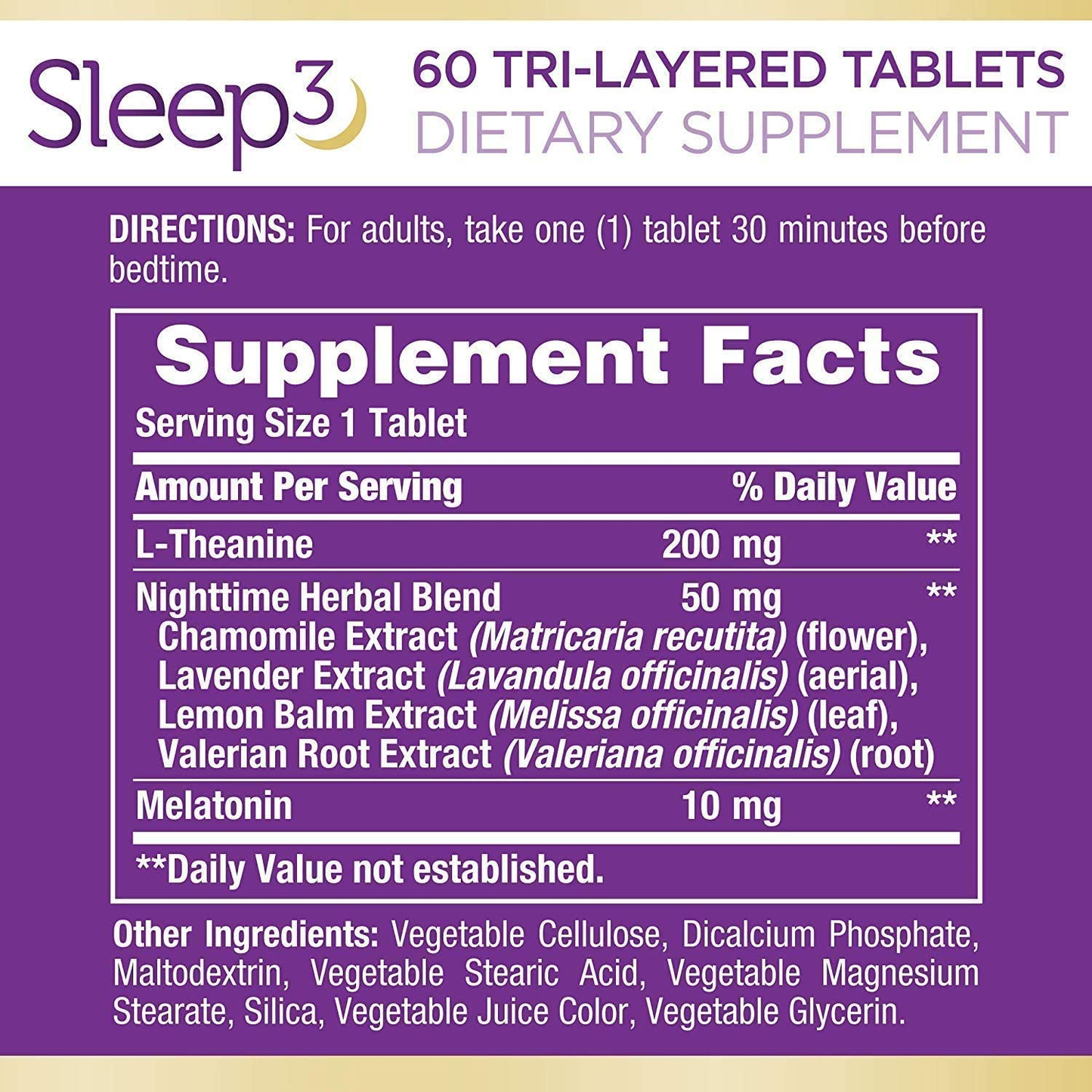 Melatonin by , Sleep3 Maximum Strength 100% Drug Free Sleep Aid, Dietary Supplement, L-Theanine & Nighttime Herbal Blend Time Release Technology, 10Mg, 30 Tri-Layered Tablets