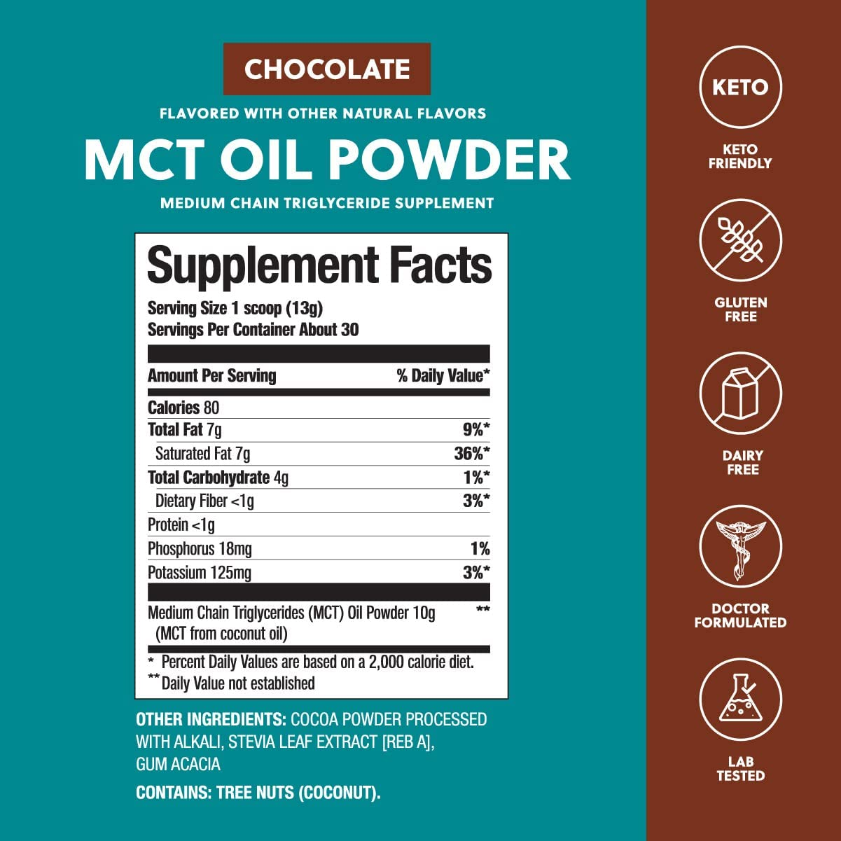 MCT Oil C8 Powder, Coconut Medium Chain Triglycerides for Pure Clean Energy, Ketogenic Non Dairy Coffee Creamer, Bulk Supplement, Helps Boost Ketones, Chocolate