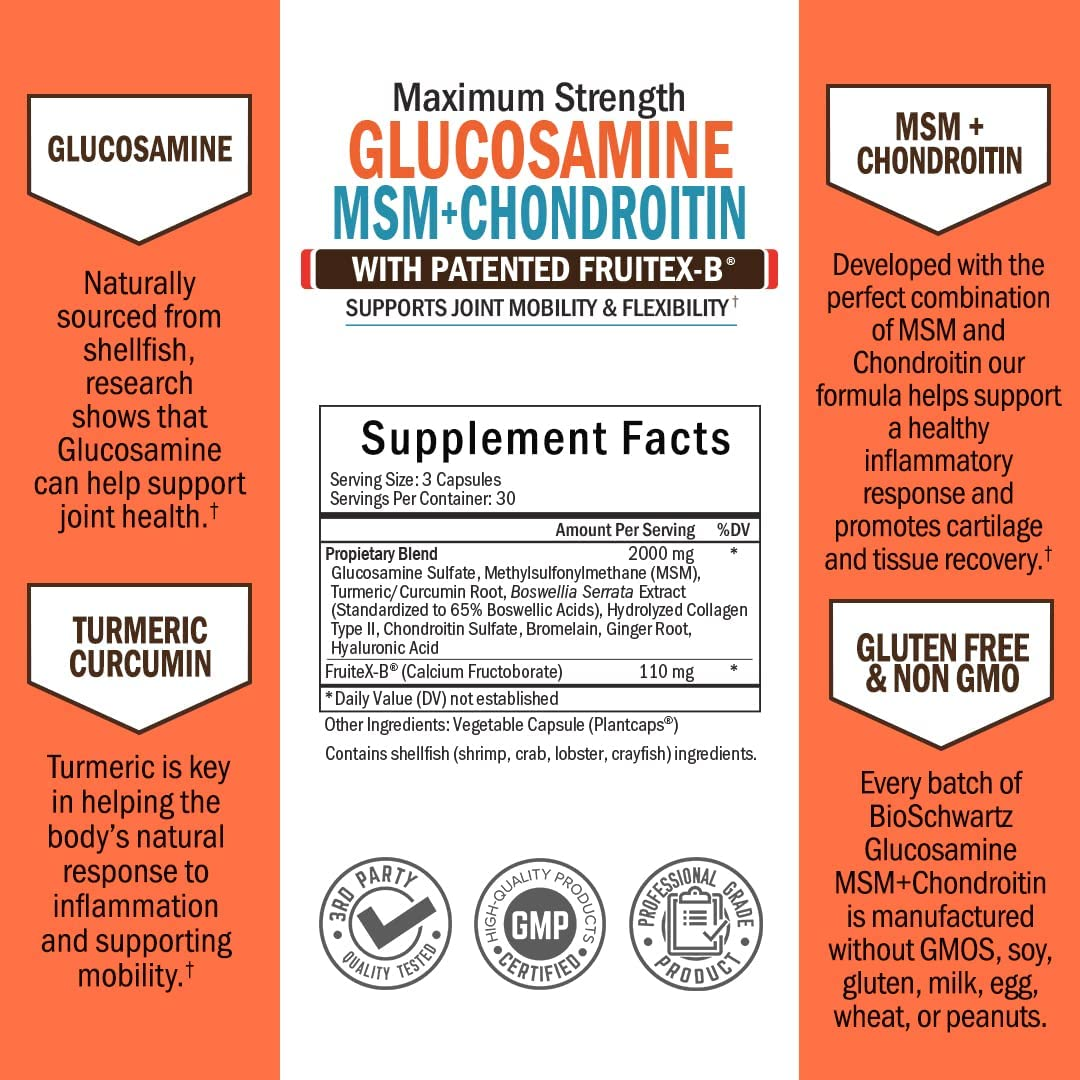 Glucosamine Chondroitin MSM Triple Strength Joint Supplement with Collagen Turmeric Curcumin - Supports Healthy Inflammatory Activity & Joint Hip Back Knees Hands Health for Seniors & Adults - 90Ct