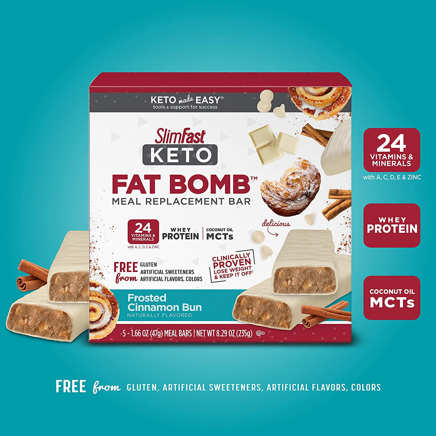 Keto Fat Bomb Meal Replacement Whey Protein Bar, Frosted Cinnamon Bun, Low Carb with 7G Protein, 5 Count Box