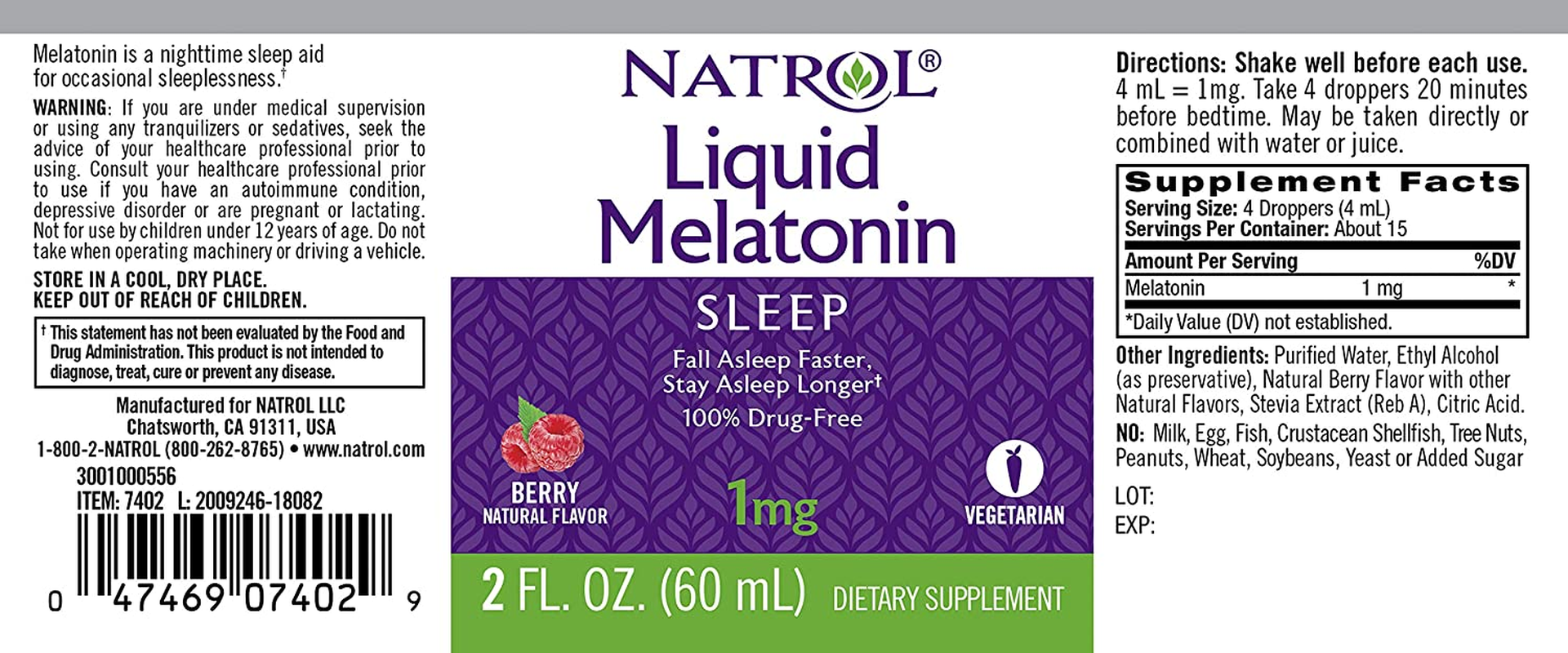 Liquid Melatonin Tincture, Helps You Fall Asleep Faster, Stay Asleep Longer, Faster Absorption, 100% Vegetarian, Berry Flavor, 1Mg, 2 Fl. Ounce Tincture Bottle