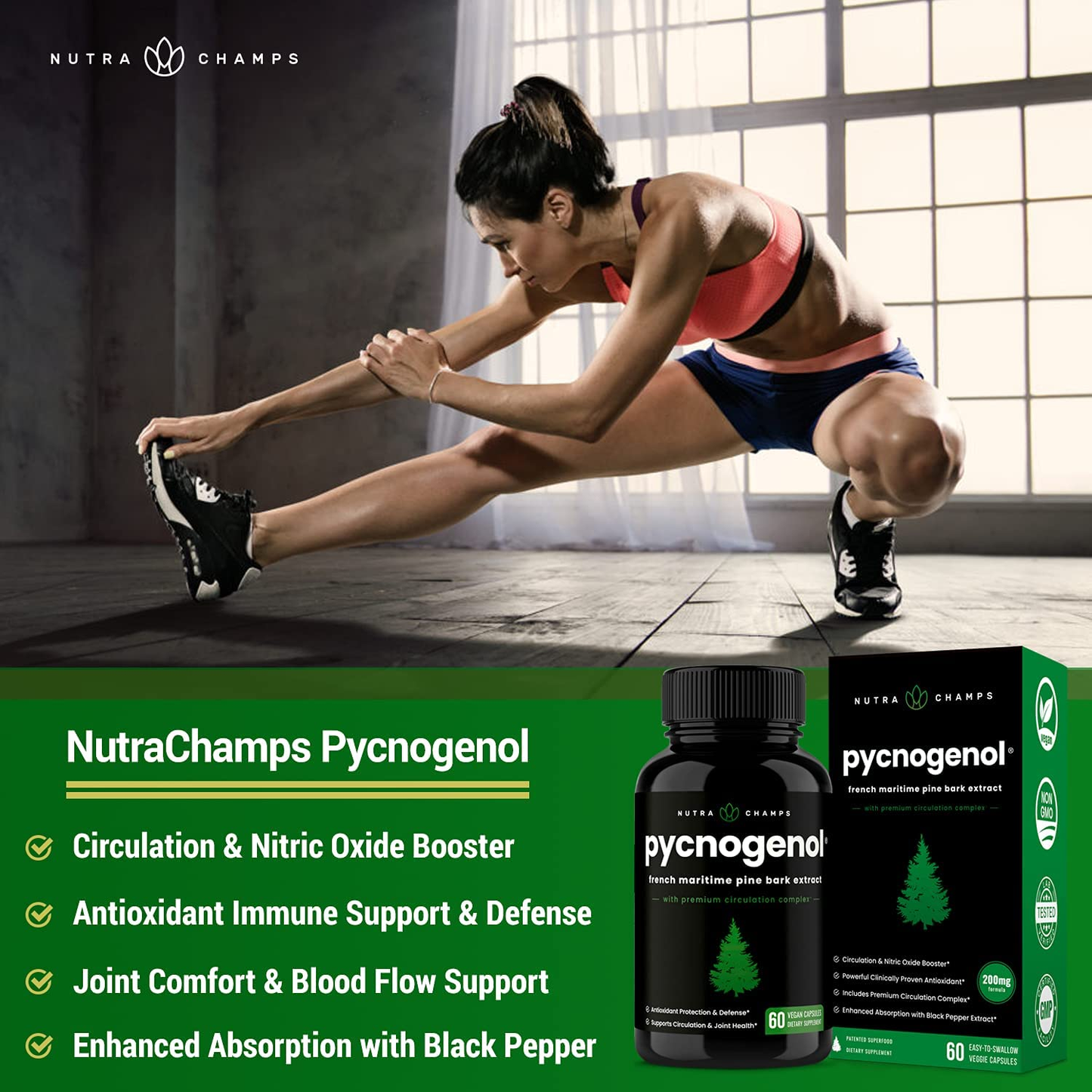 Pycnogenol Pine Bark - Premium Supplement with 200Mg Herbal Complex for Circulation, Blood Flow & Nitric Oxide Production - Superior Absorption & Results with Black Pepper Extract