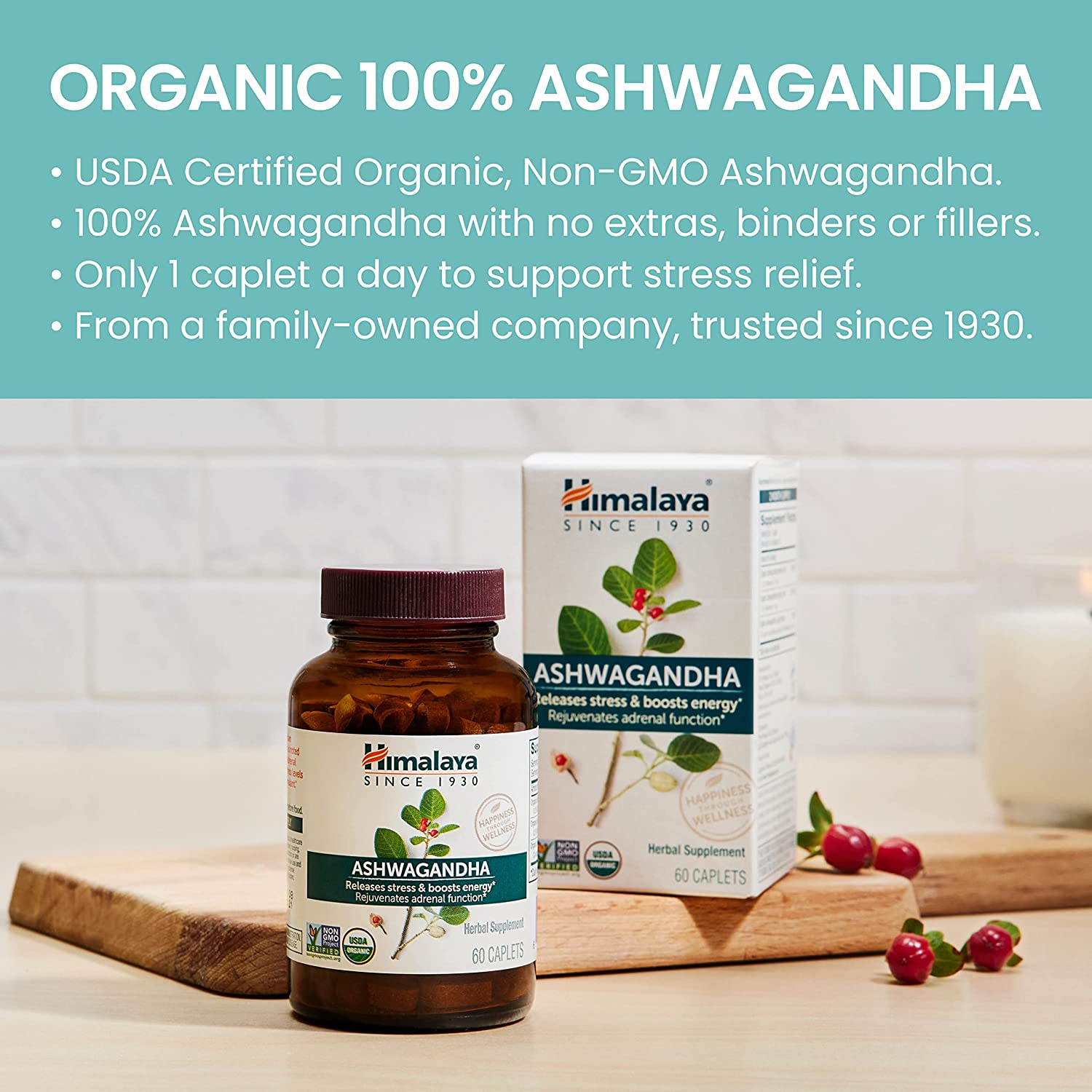 Organic Ashwagandha, 2 Month Supply for Stress Relief, USDA Certified Organic, Non-Gmo, Gluten-Free Supplement, 100% Ashwagandha Powder & Extract, 670 Mg, 60 Caplets