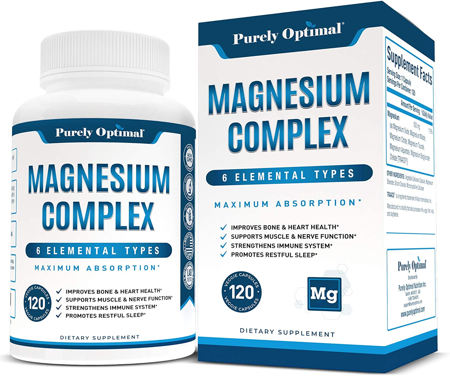 Premium Magnesium Complex - Magnesium Citrate, Malate, Taurate, Oxide, Aspartate, Bisglycinate Chelate TRAACS - 120 Capsules