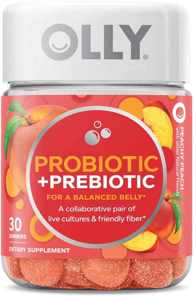 Probiotic + Prebiotic Gummy, Digestive Support and Gut Health, 500 Million Cfus, Fiber, Adult Chewable Supplement for Men and Women, Peach, 30 Day Supply - 30 Count