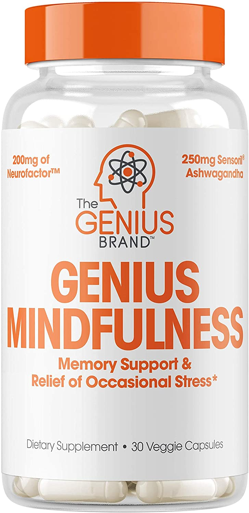 Genius Supplement W/ Ashwagandha, Nootropic Brain Booster & Memory Support W/ Blueberry Extract, Natural Focus, Energy & Serotonin, Calm & Cortisol 30 Capsules