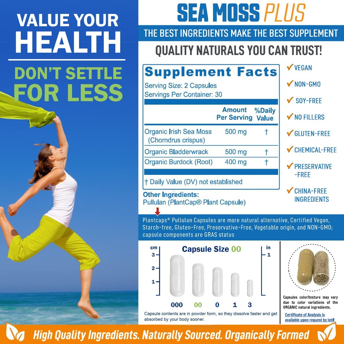 Certified Organic Sea Moss plus Supplements with Wildcrafted Irish Sea Moss, Bladderwrack, and Burdock Root, Pure Sea Moss Supplement, Vegan, No Fillers, 60 Seamoss Powder Capsules